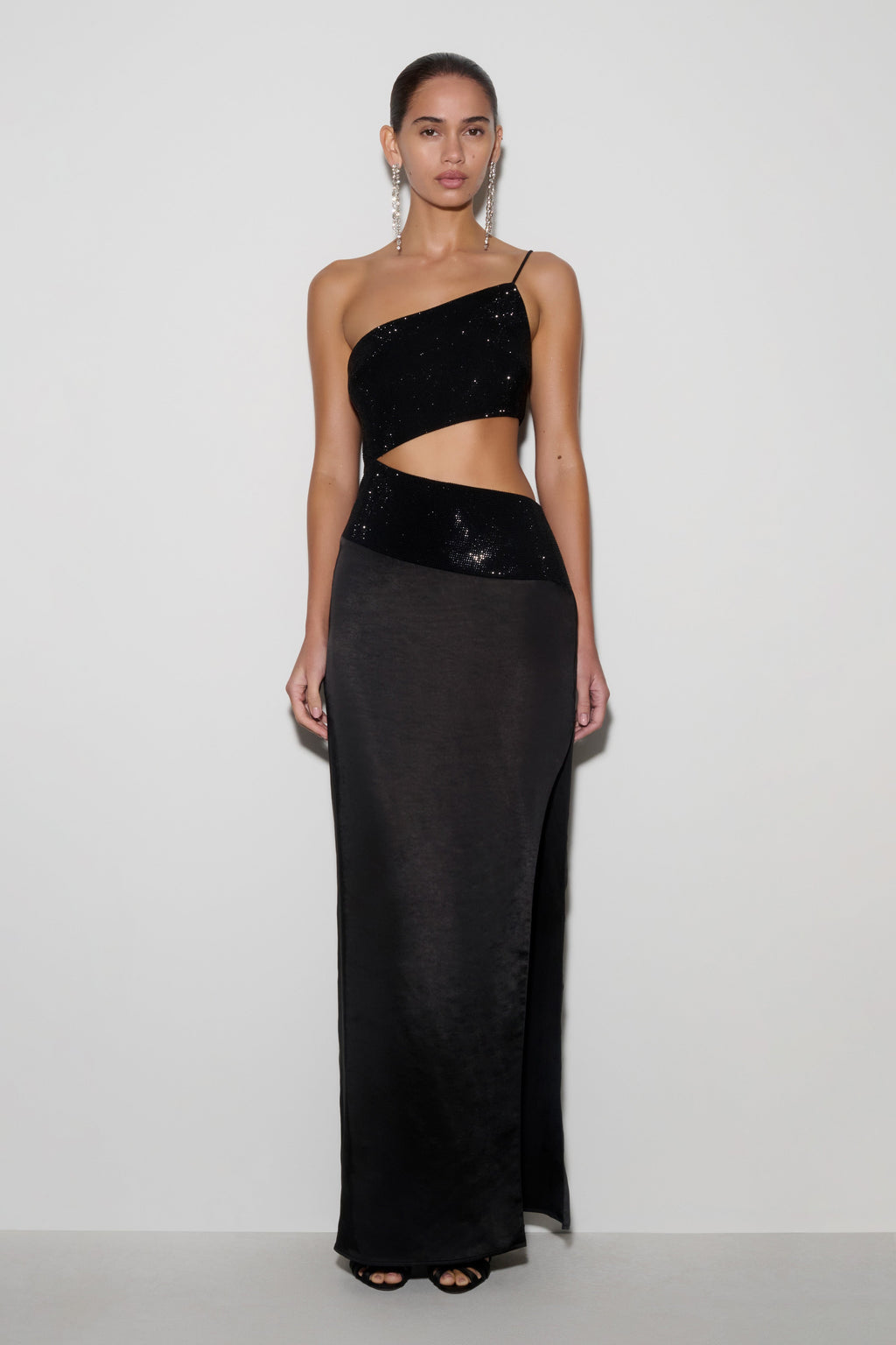 Athena One Shoulder Diamante Maxi Dress - Black