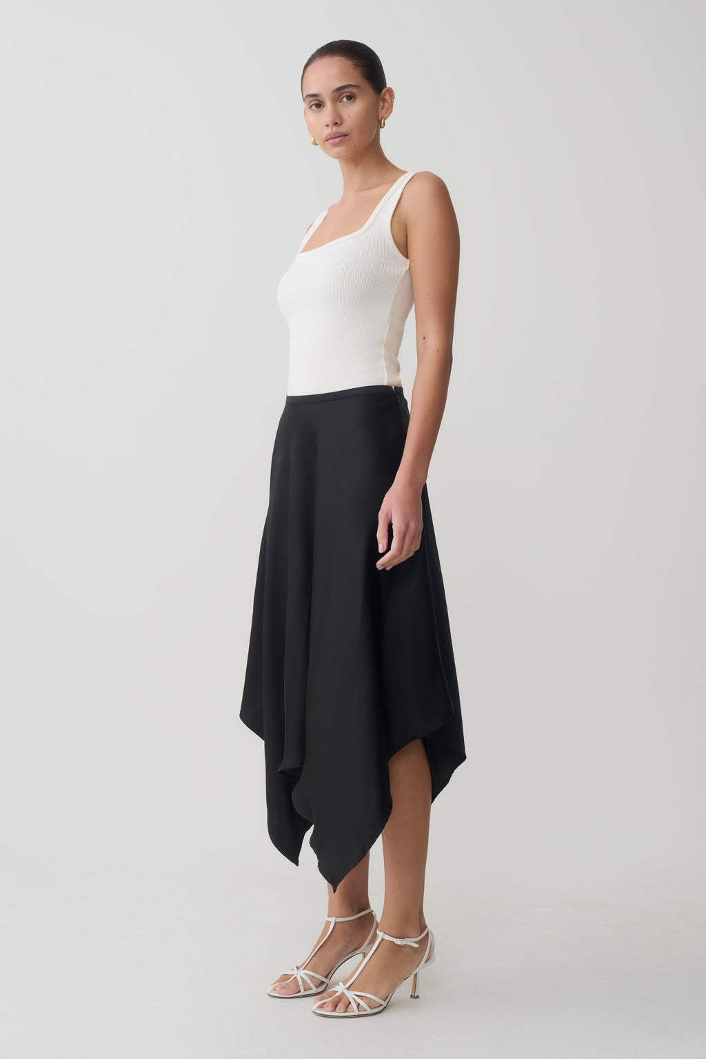 Coralie Asymmetric Satin Midi Skirt - Black