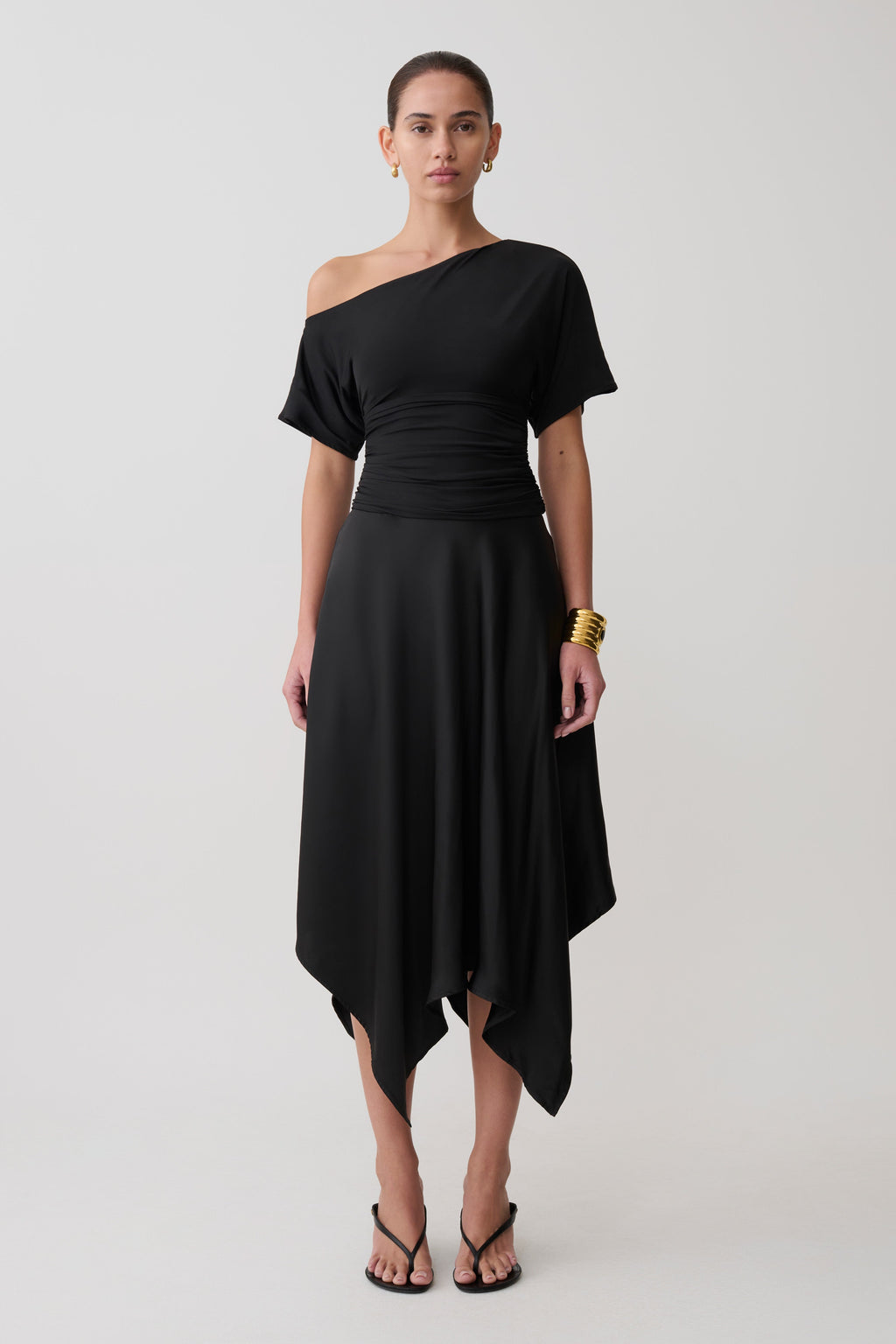 Coralie Asymmetric Satin Midi Skirt - Black