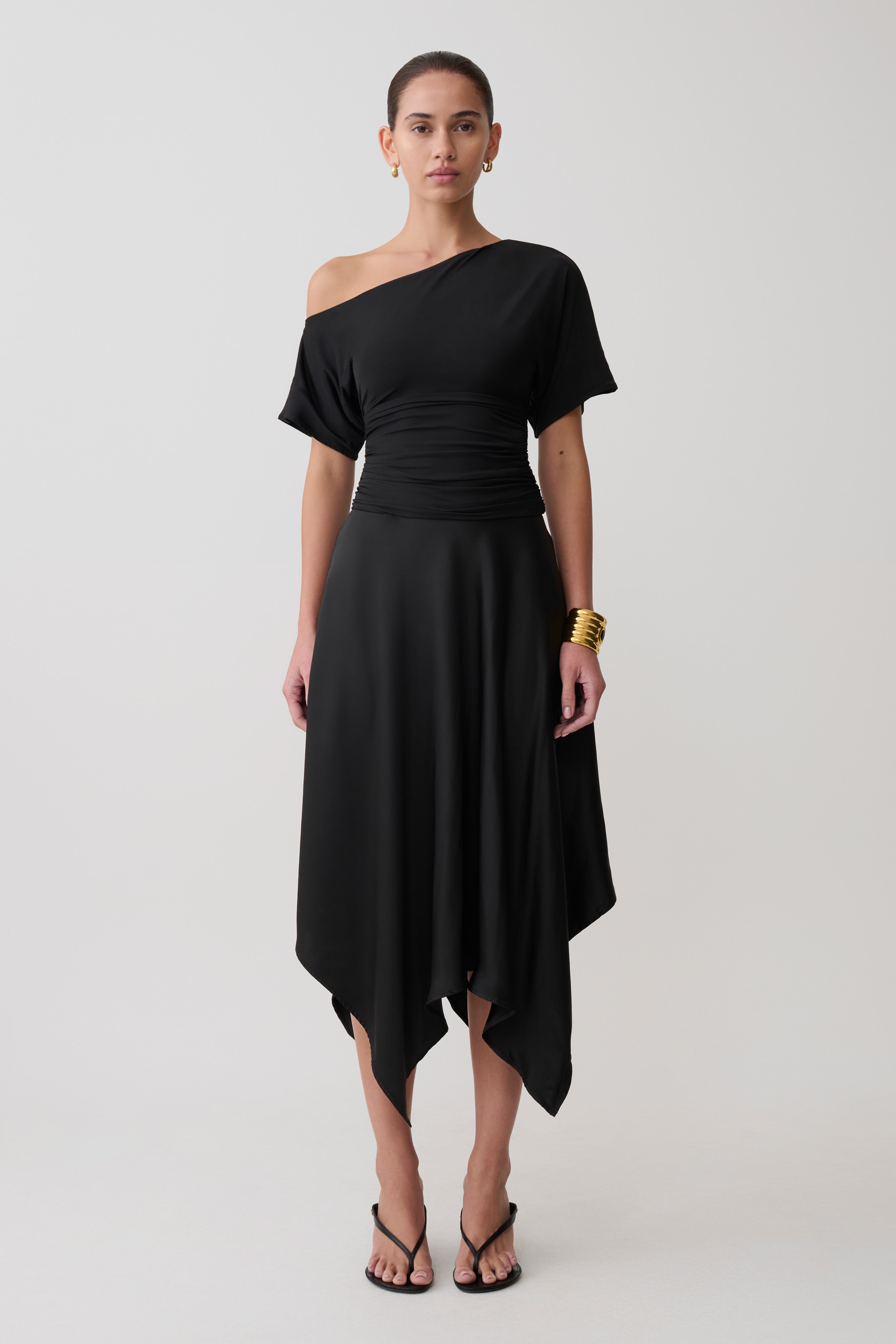 Coralie Asymmetric Satin Midi Skirt - Black