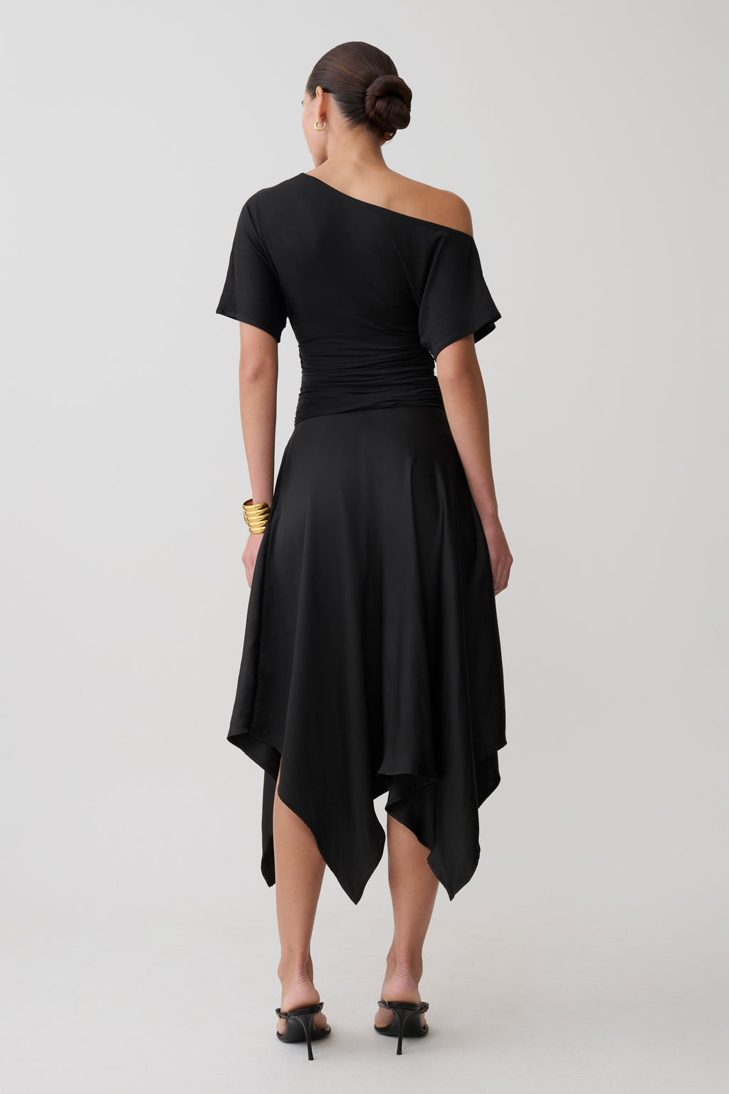 Coralie Asymmetric Satin Midi Skirt - Black