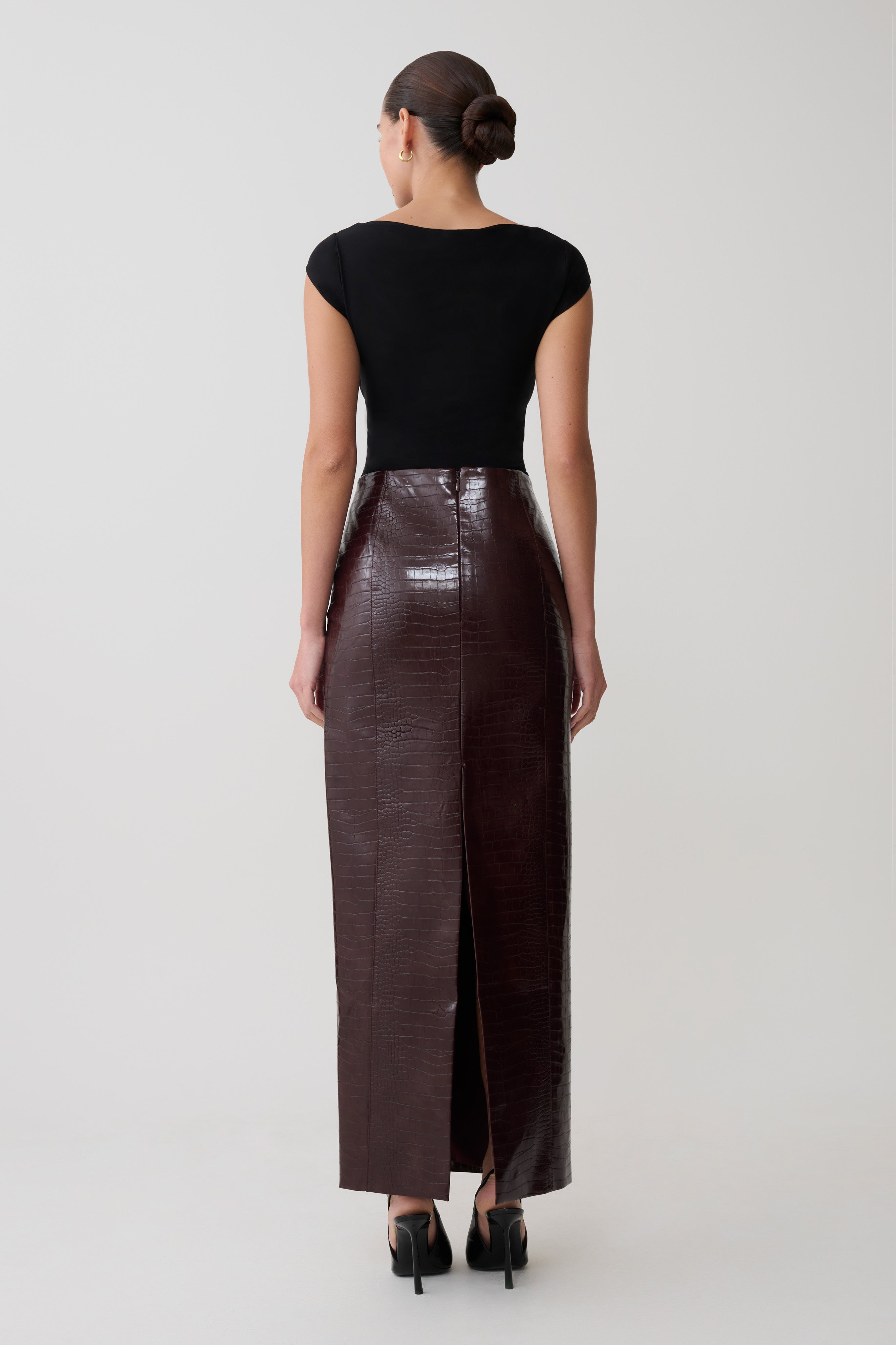 Thalia Croc Faux Leather Midi Skirt - Merlot