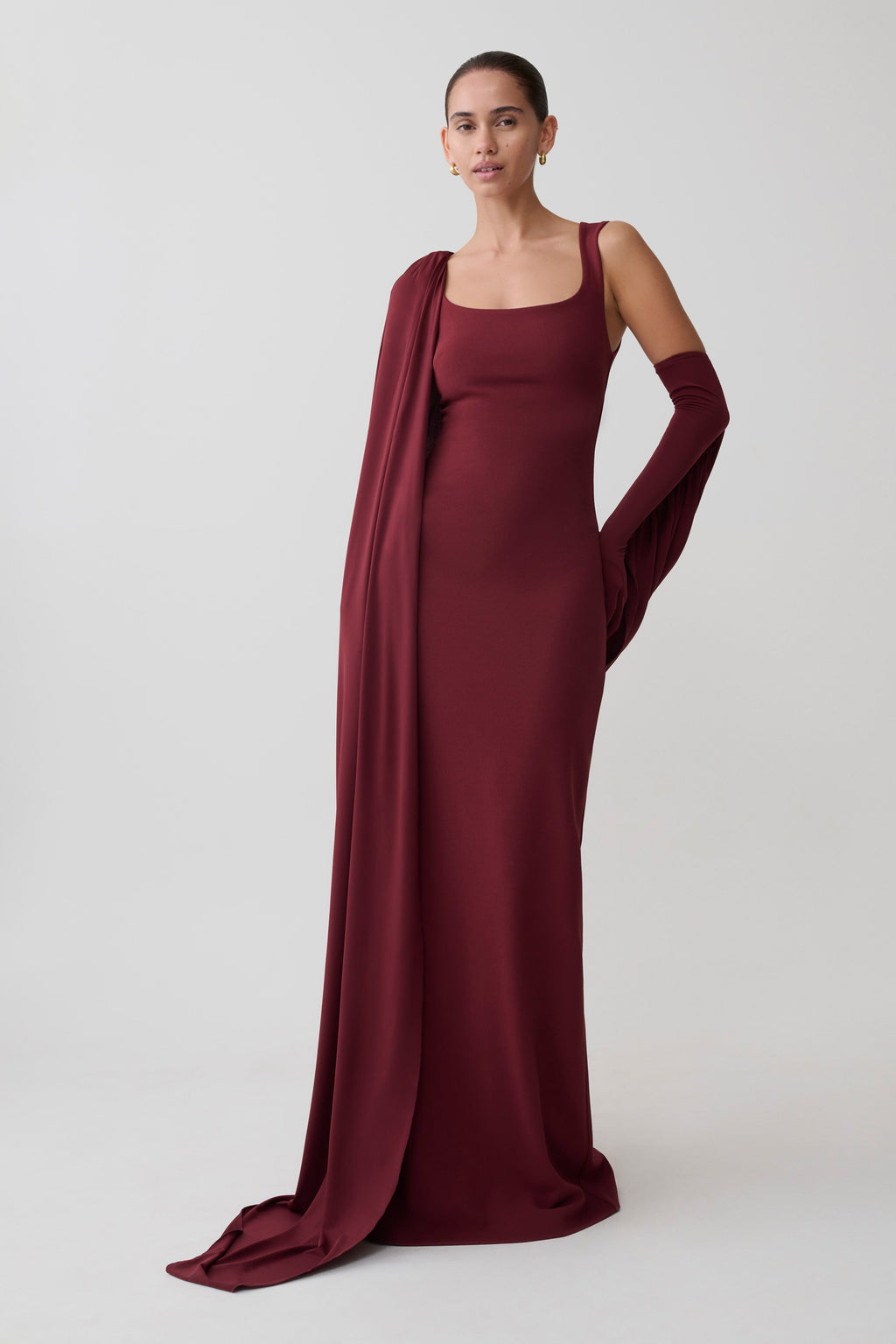 Rhea Detachable Cape Jersey Maxi Dress - Wine