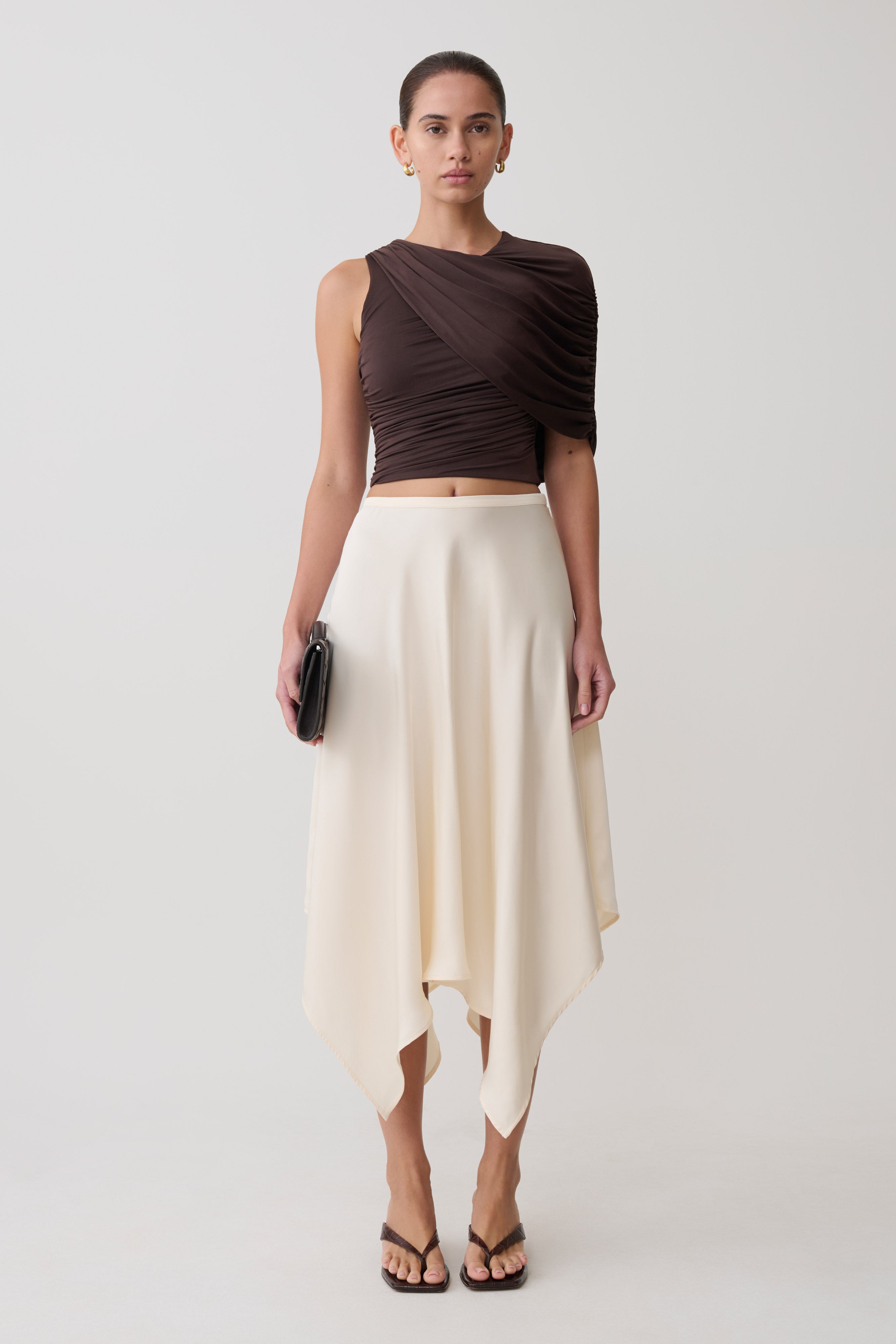 Adrienne One Shoulder Slinky Top - Chocolate