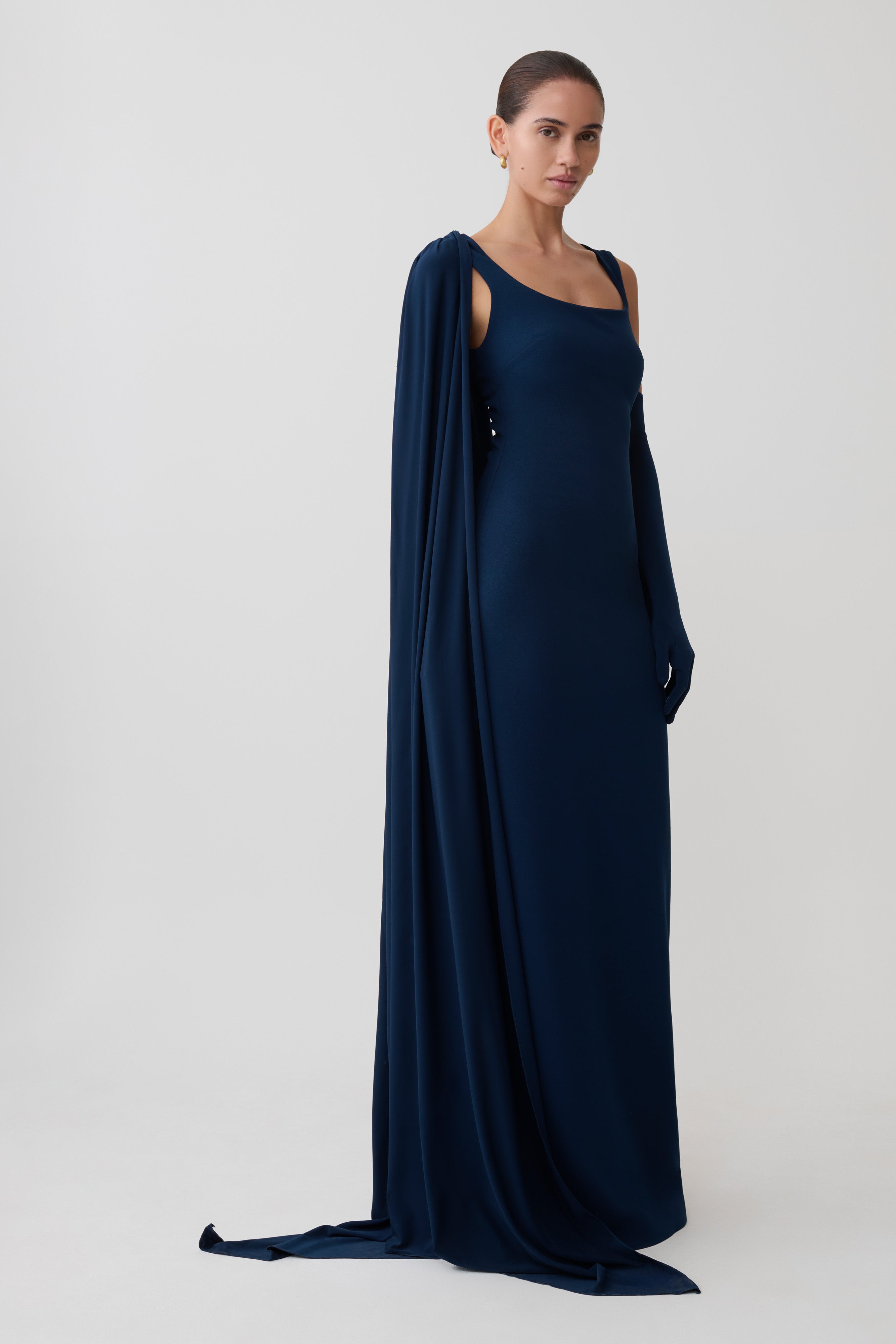 Rhea Detachable Cape Jersey Maxi Dress - Navy