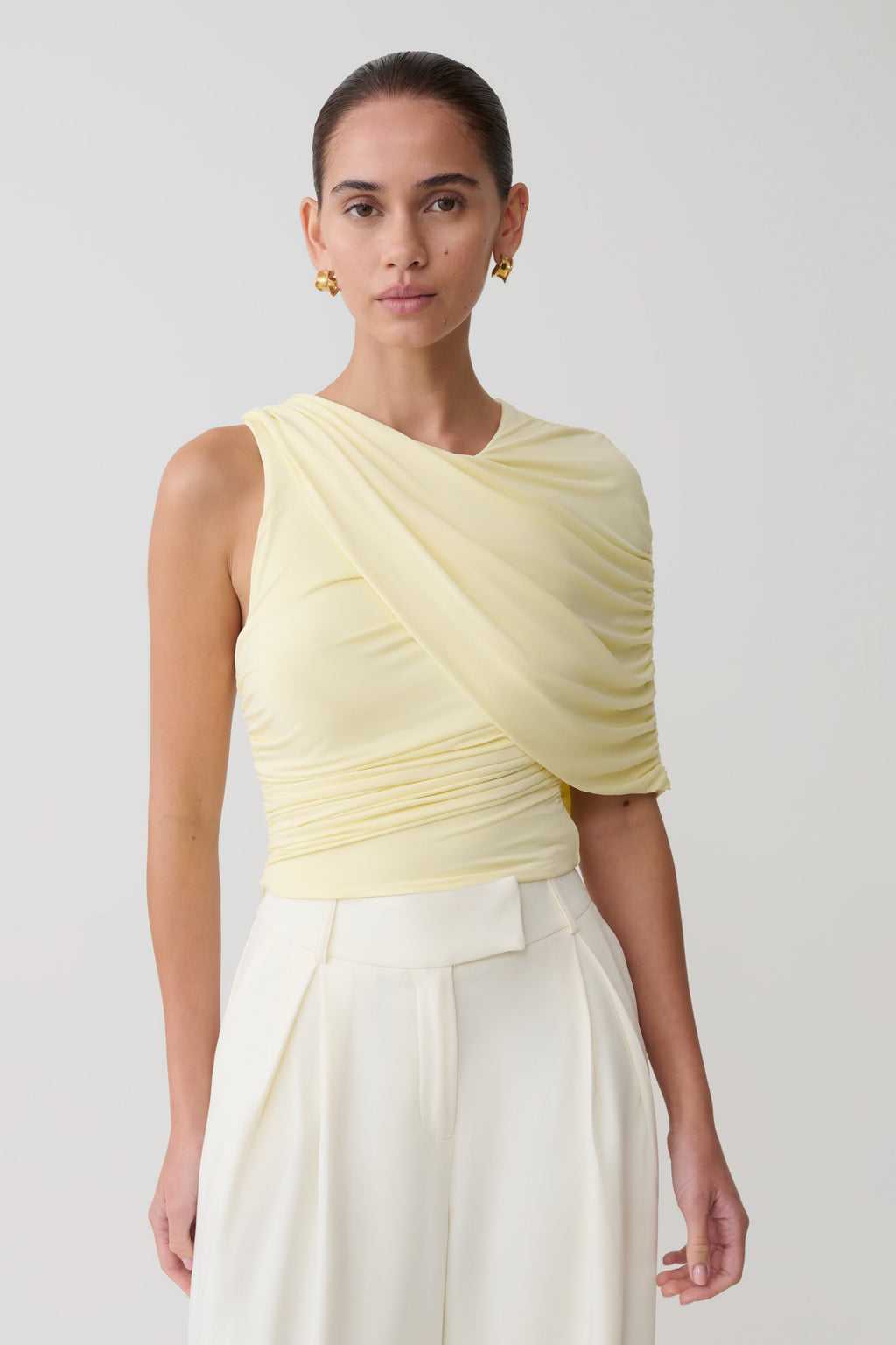 Adrienne One Shoulder Slinky Top - Lemon