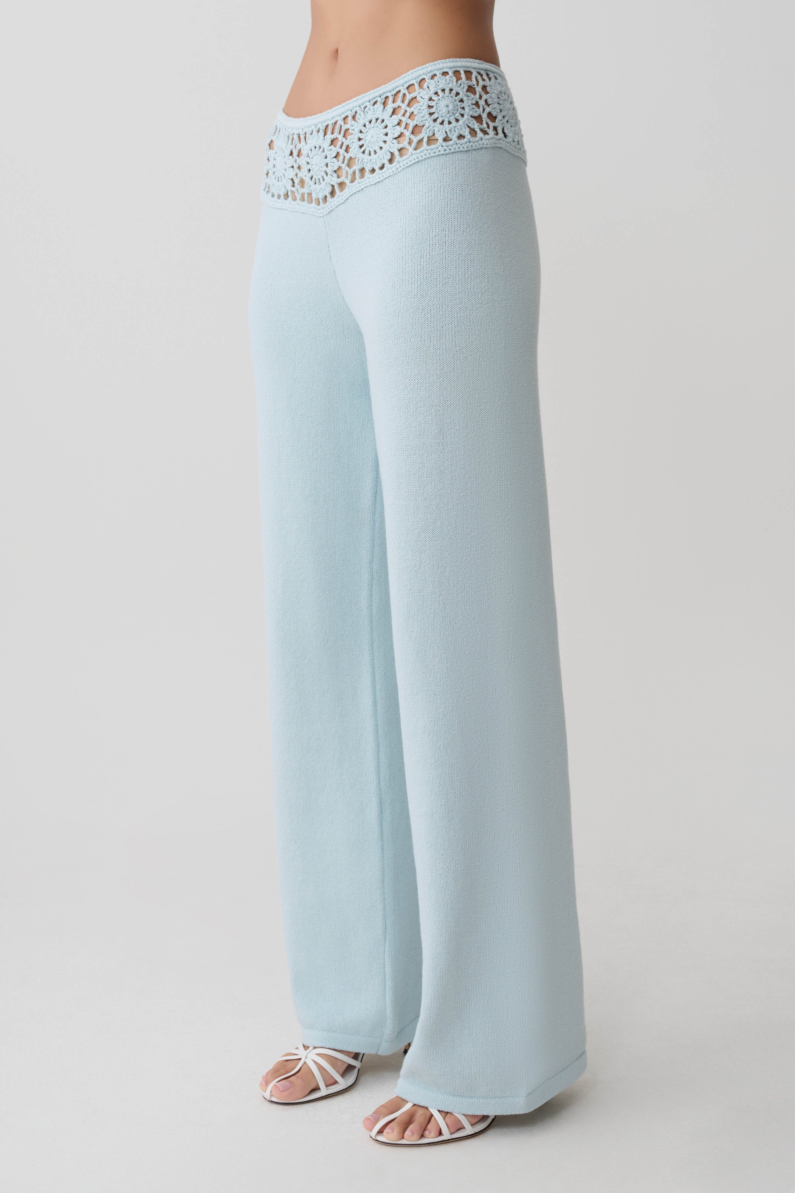 Miley Crochet Waistband Straight Leg Pant - Pale Aqua