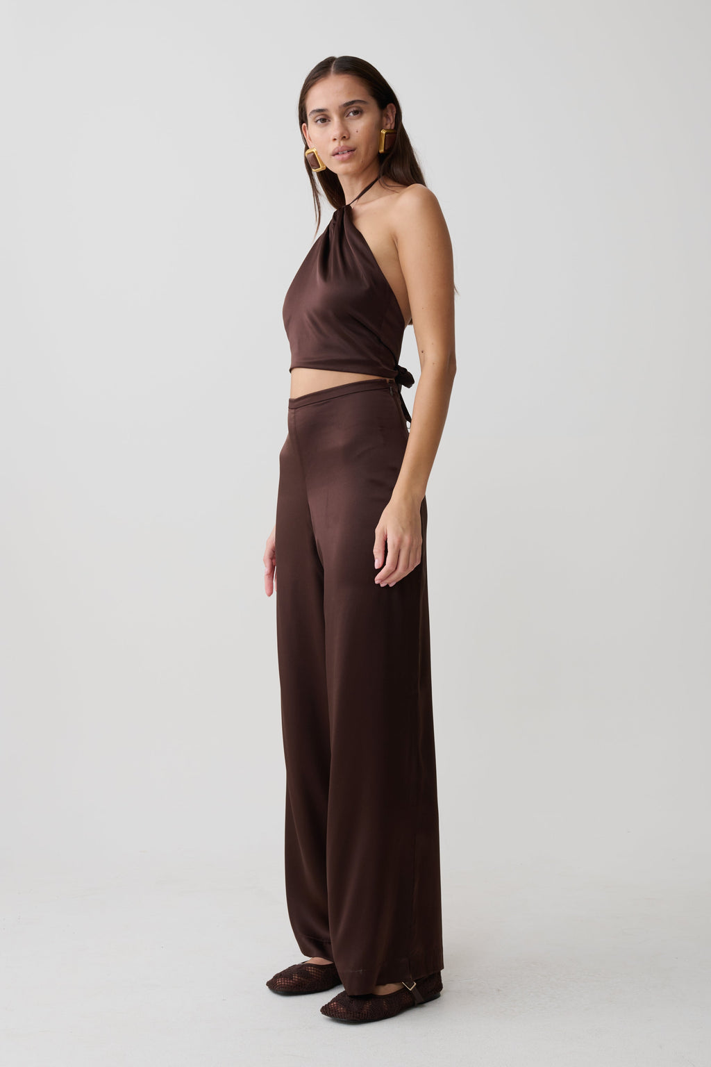 Kayla Silk Blend Straight Leg Pants - Dark Chocolate
