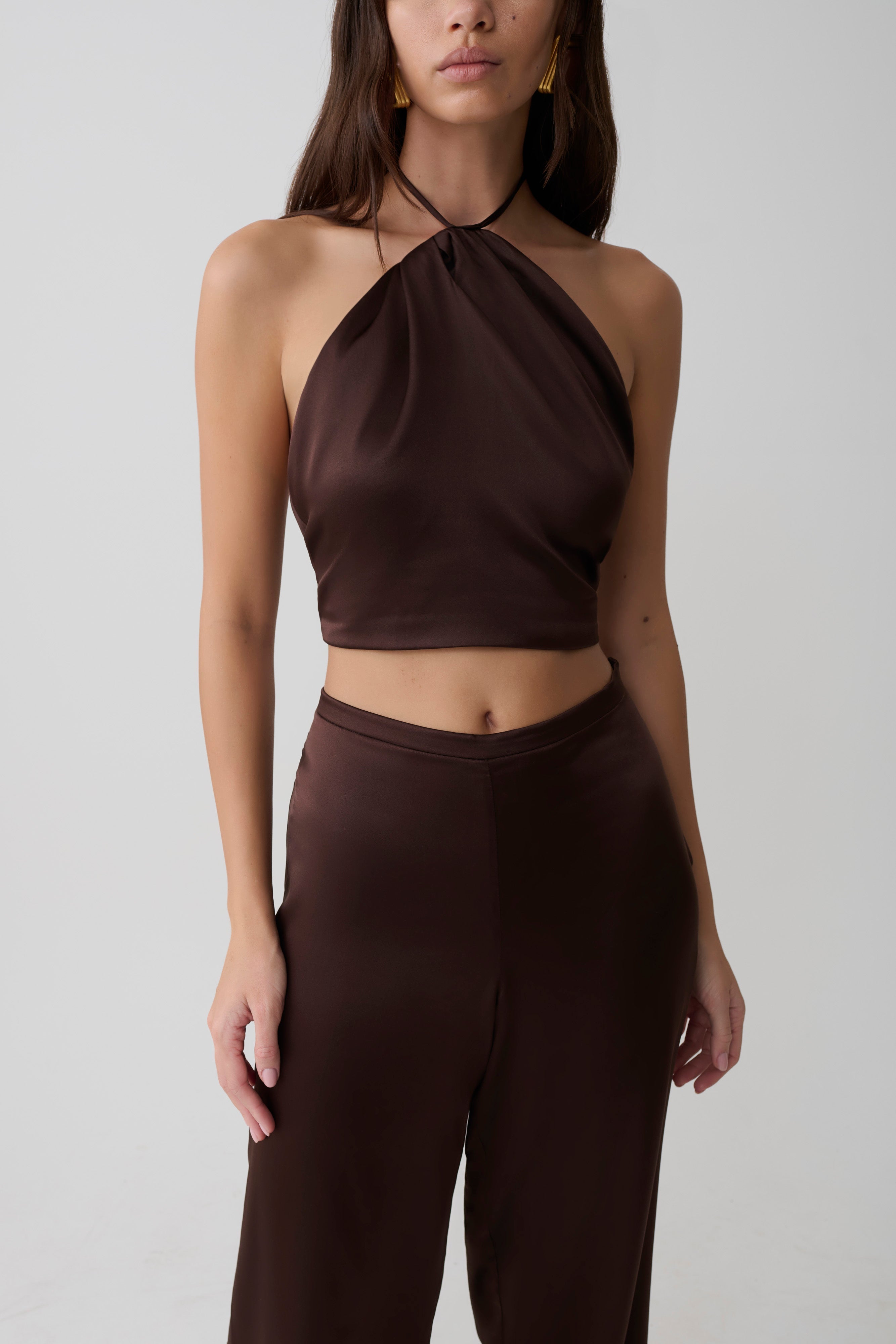 Mariana Halter Silk Blend Sleeveless Top - Dark Chocolate