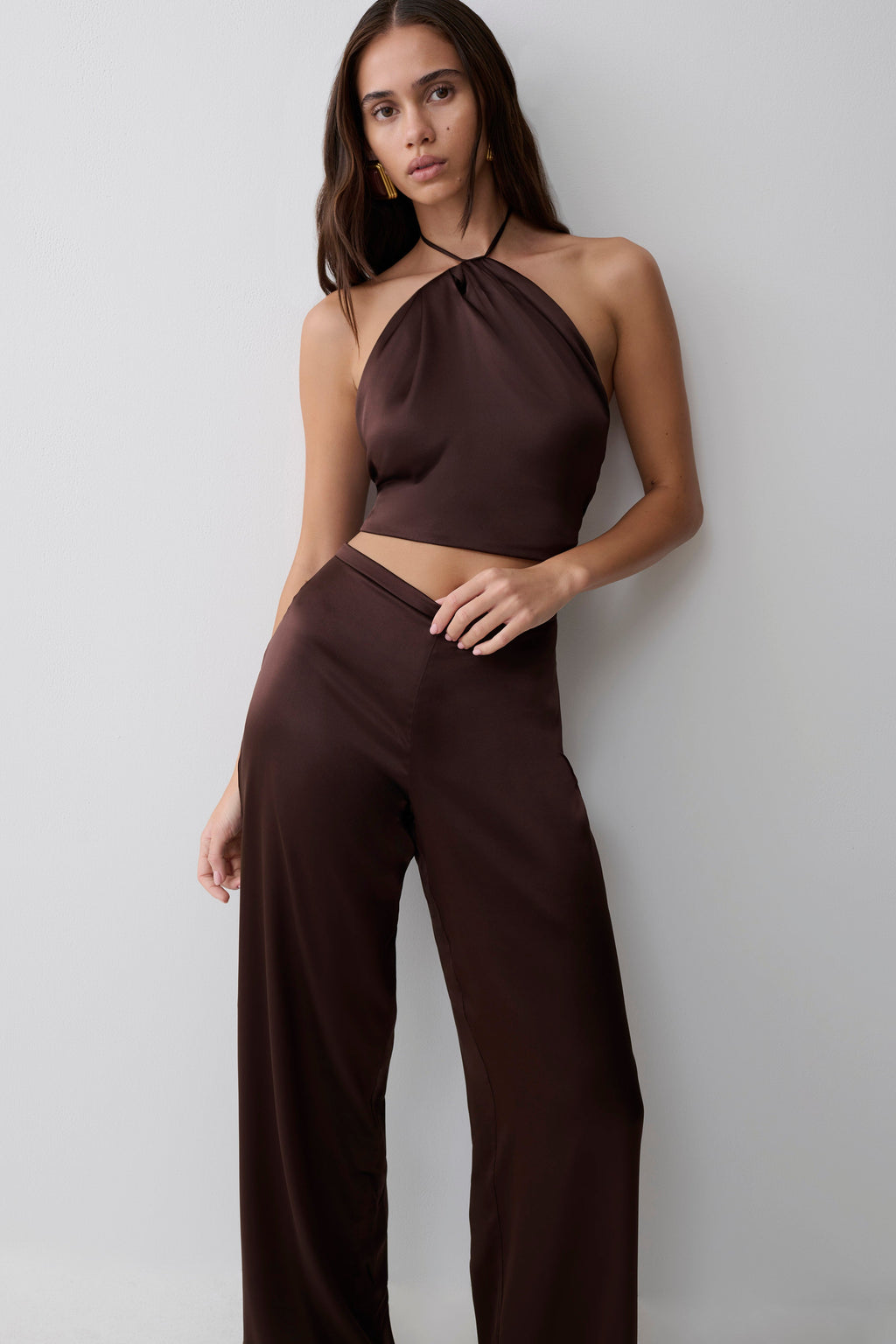 Mariana Halter Silk Blend Sleeveless Top - Dark Chocolate