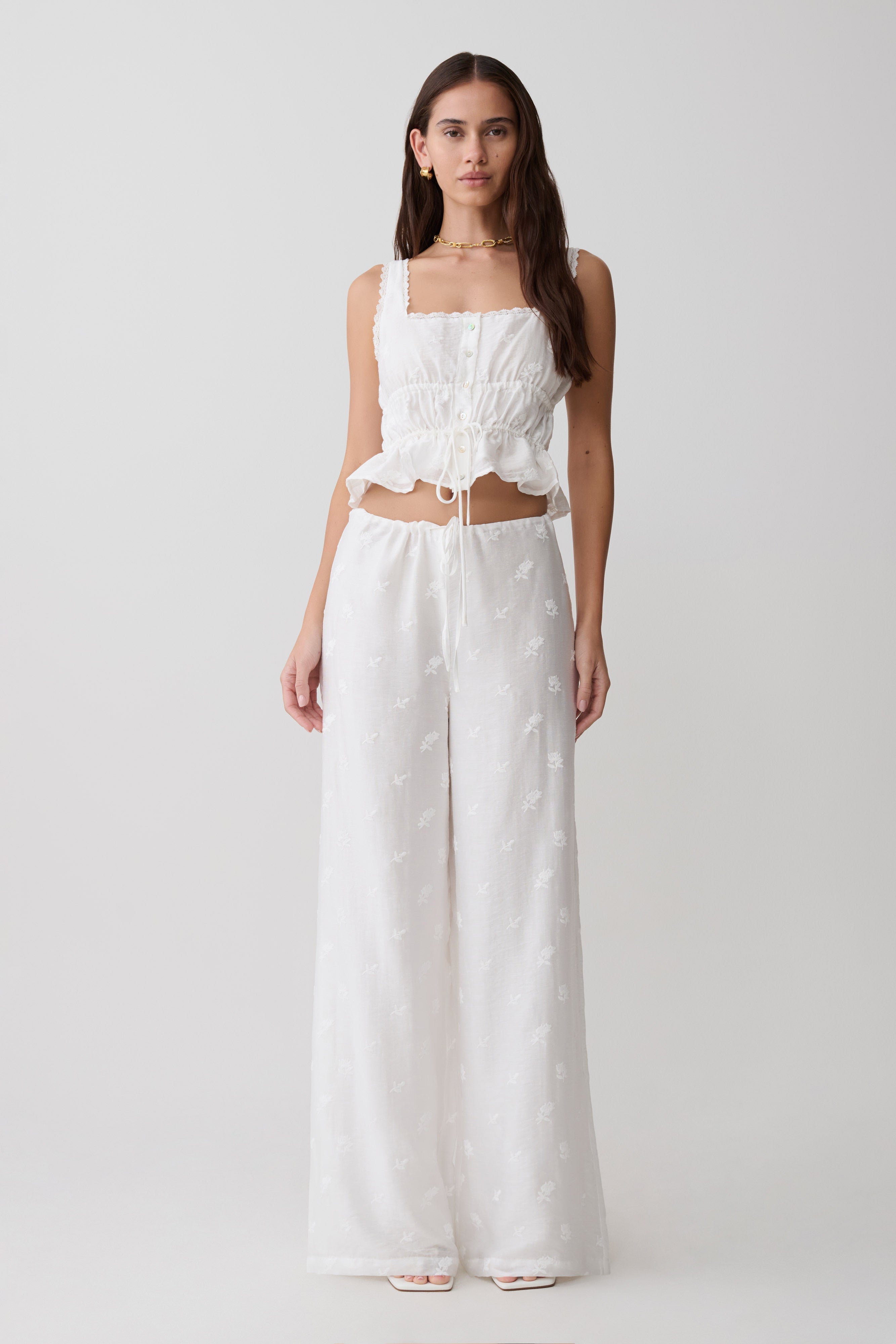 Vivian Tie Waist Embroidered Pant - White