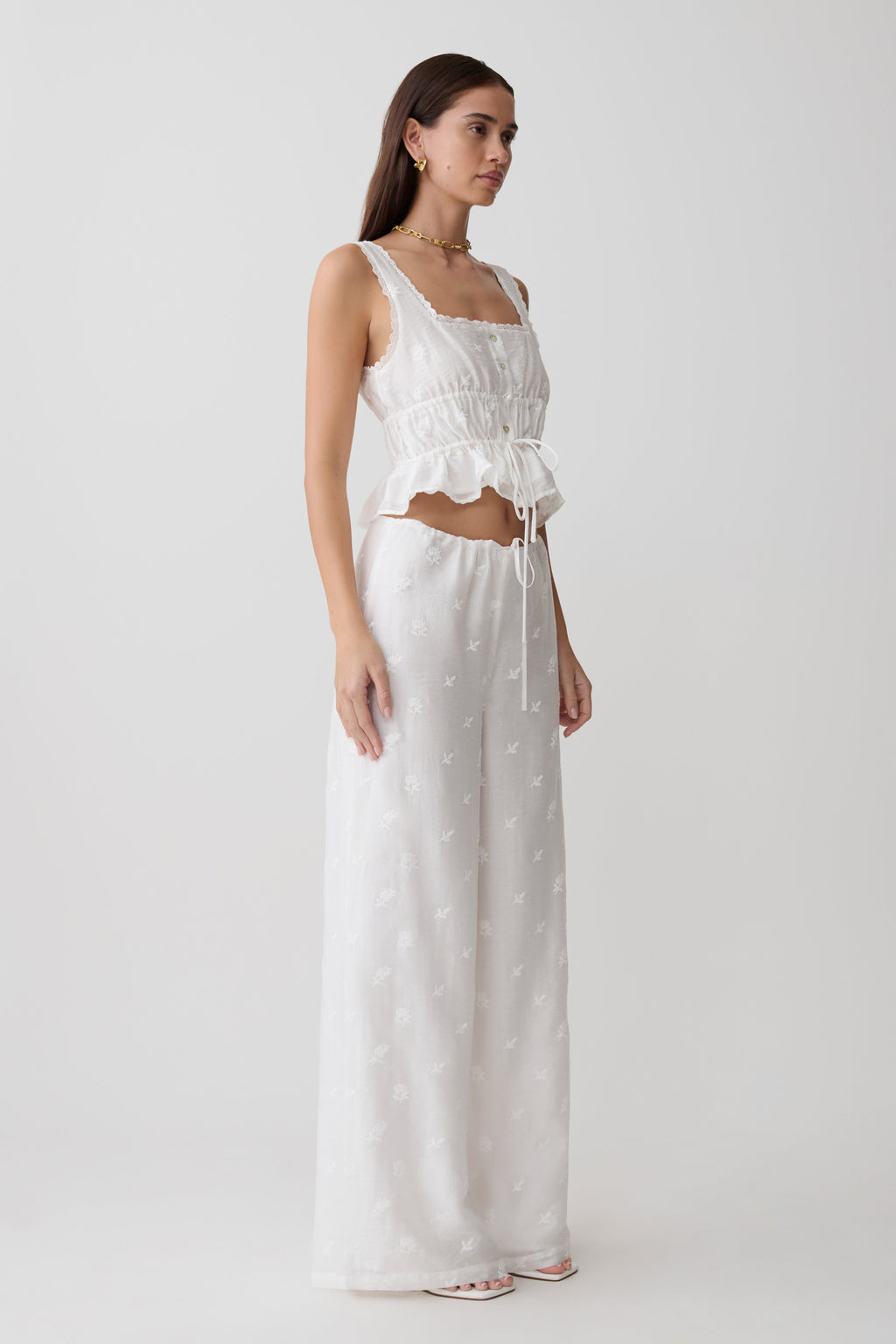 Vivian Tie Waist Embroidered Pant - White