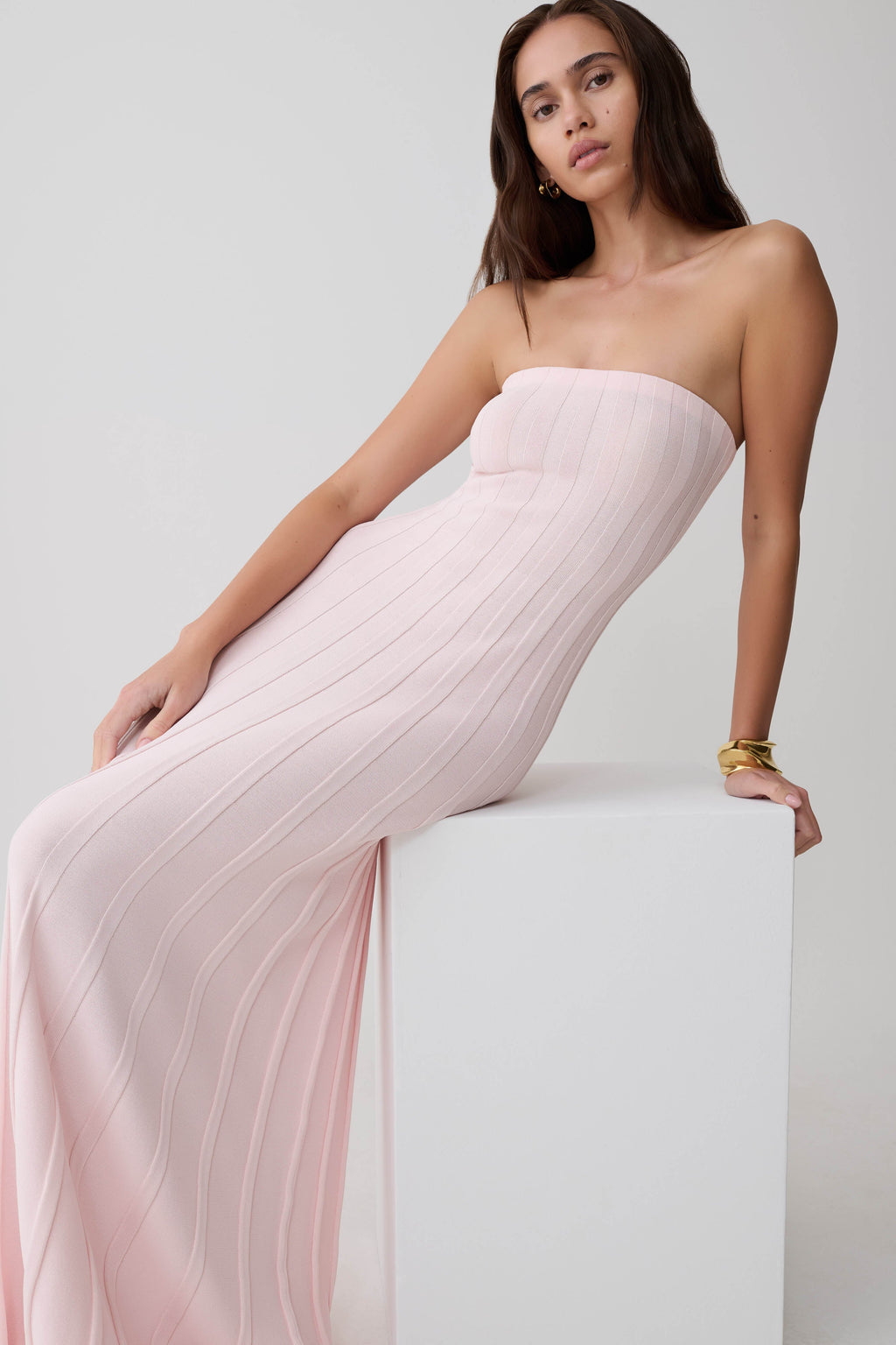 Pia Ribbed Strapless Maxi Dress - Baby Pink