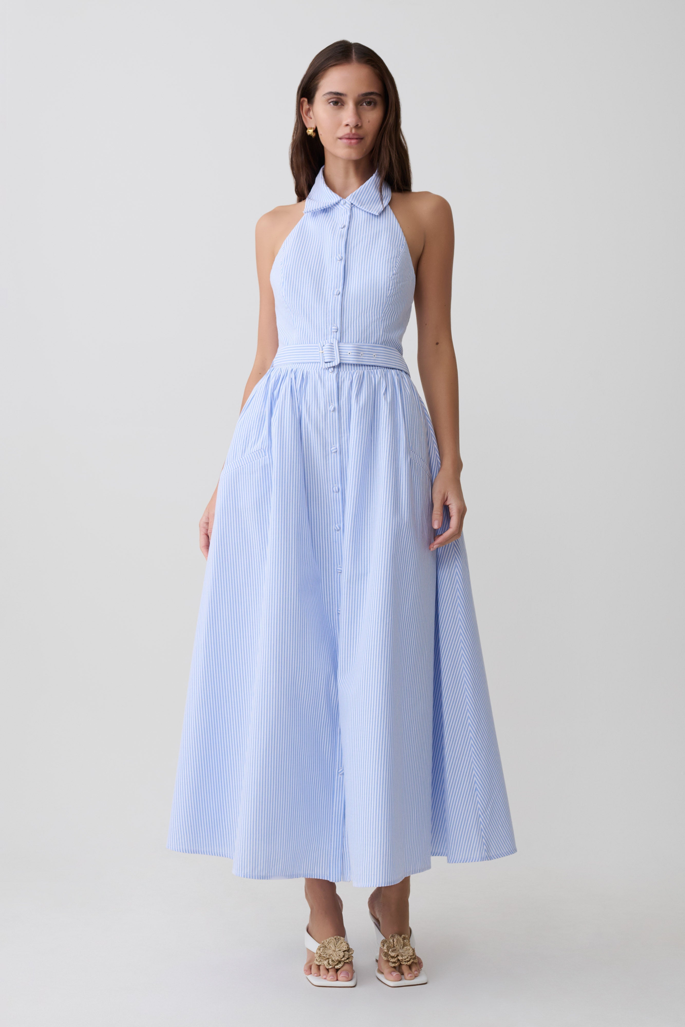 Cindy Collared Midi Dress - Blue Pinstripe