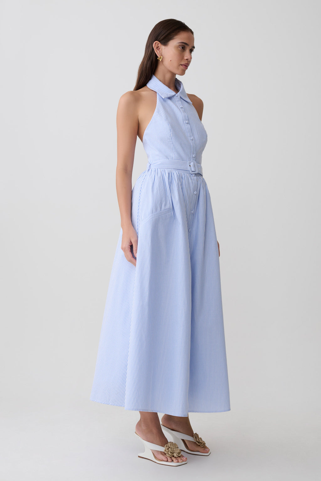 Cindy Collared Midi Dress - Blue Pinstripe