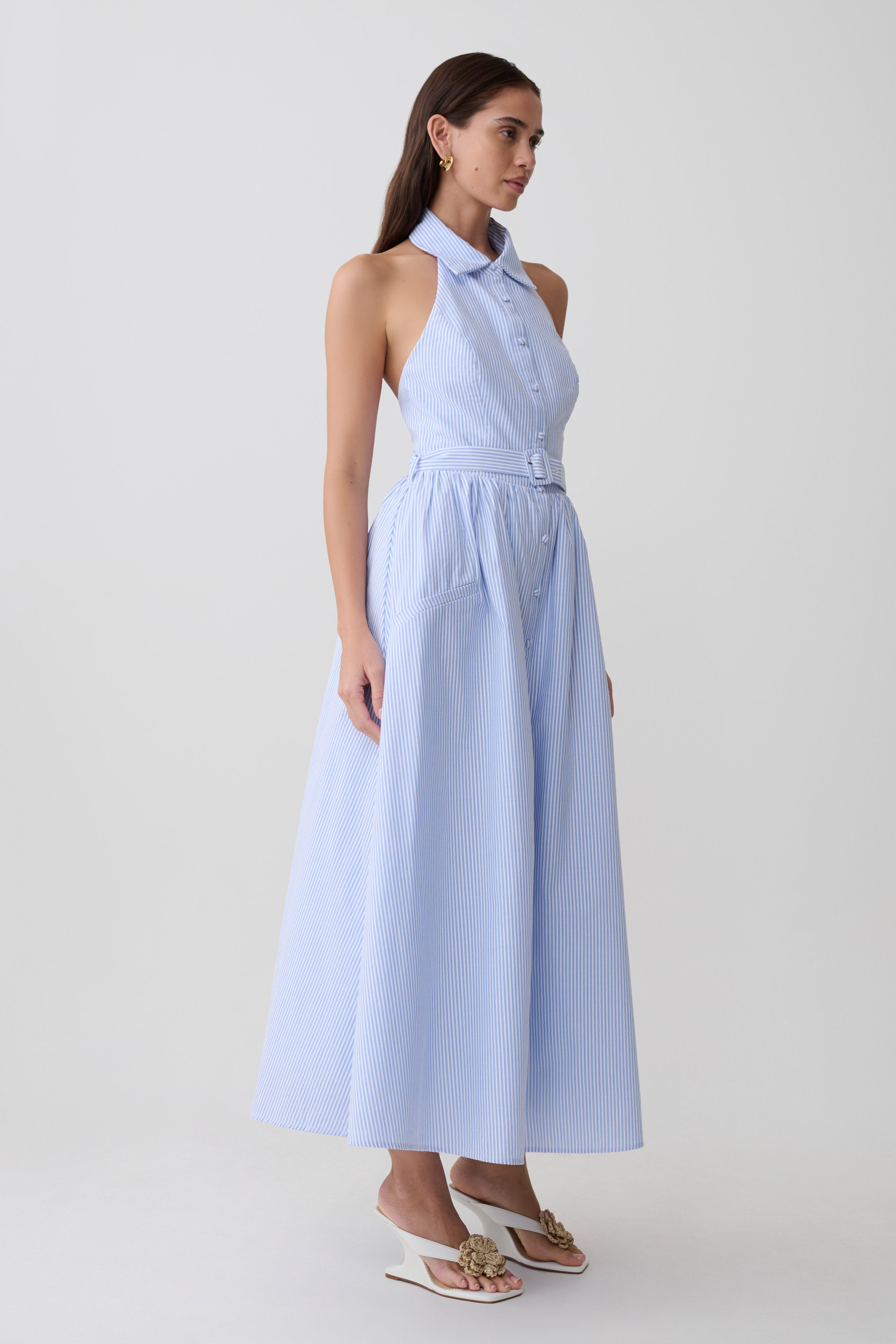 Cindy Collared Midi Dress - Blue Pinstripe