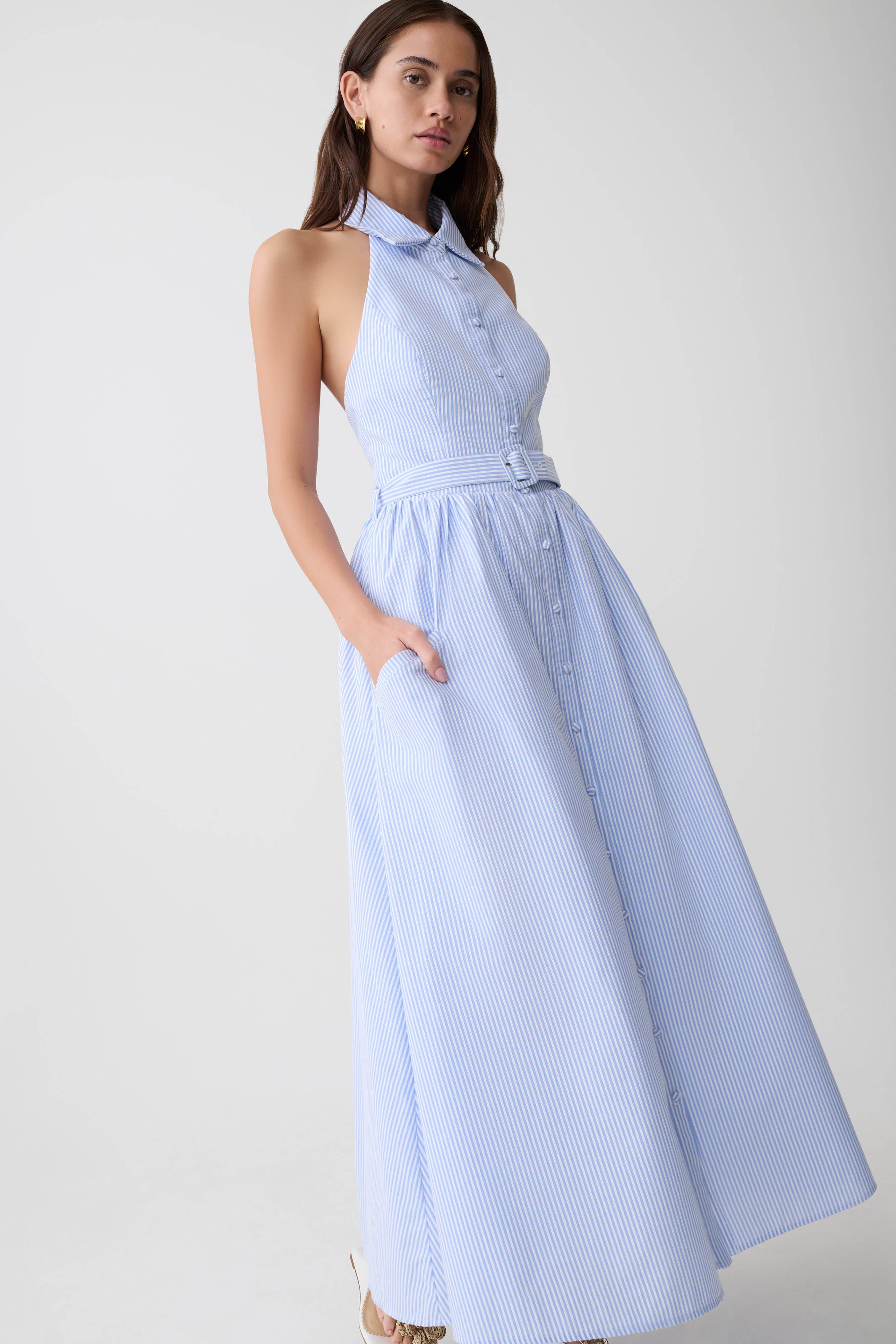 Cindy Collared Midi Dress - Blue Pinstripe