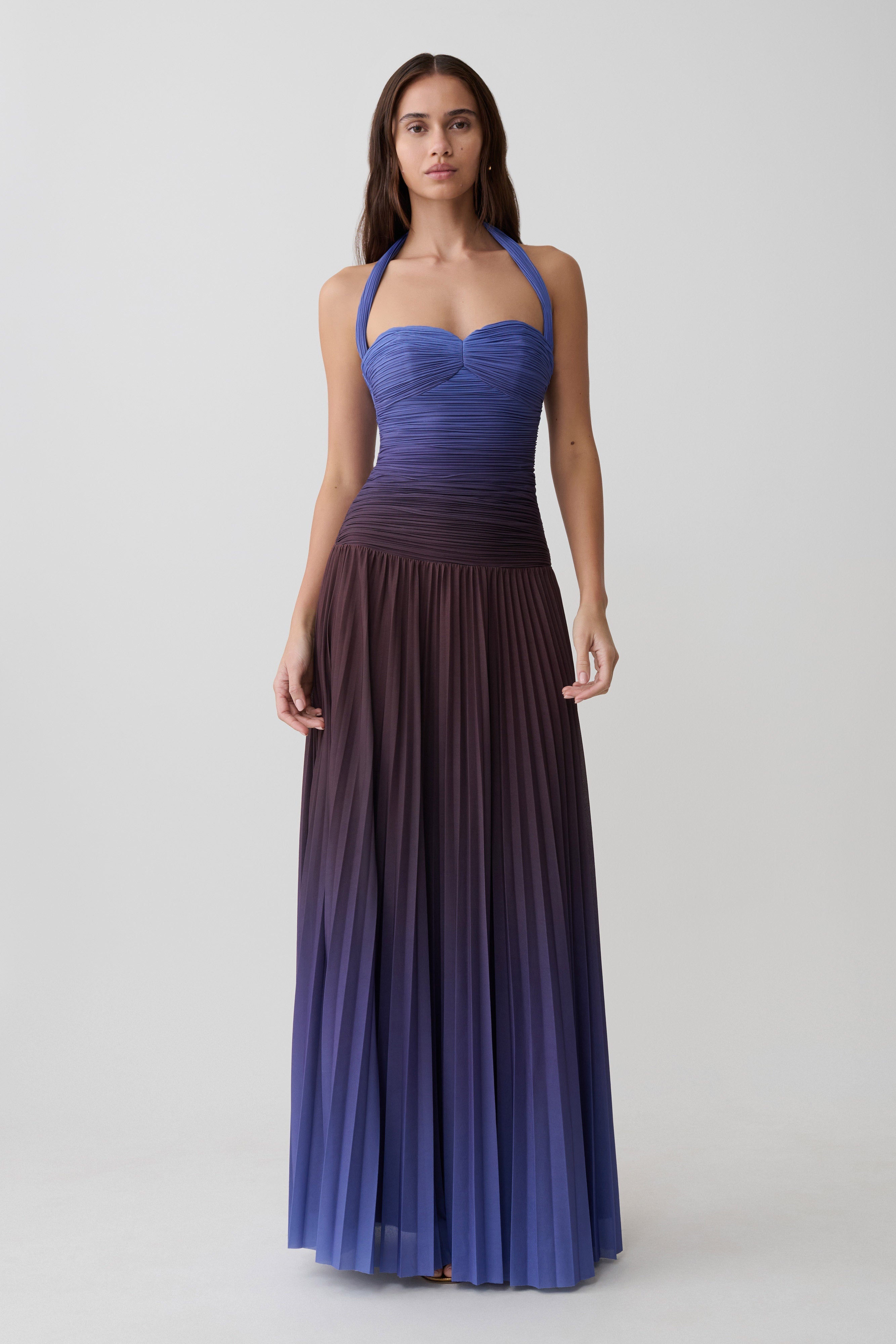 Azizi Pleated Halter Midi Dress - Chocolate & Blue Ombre Print