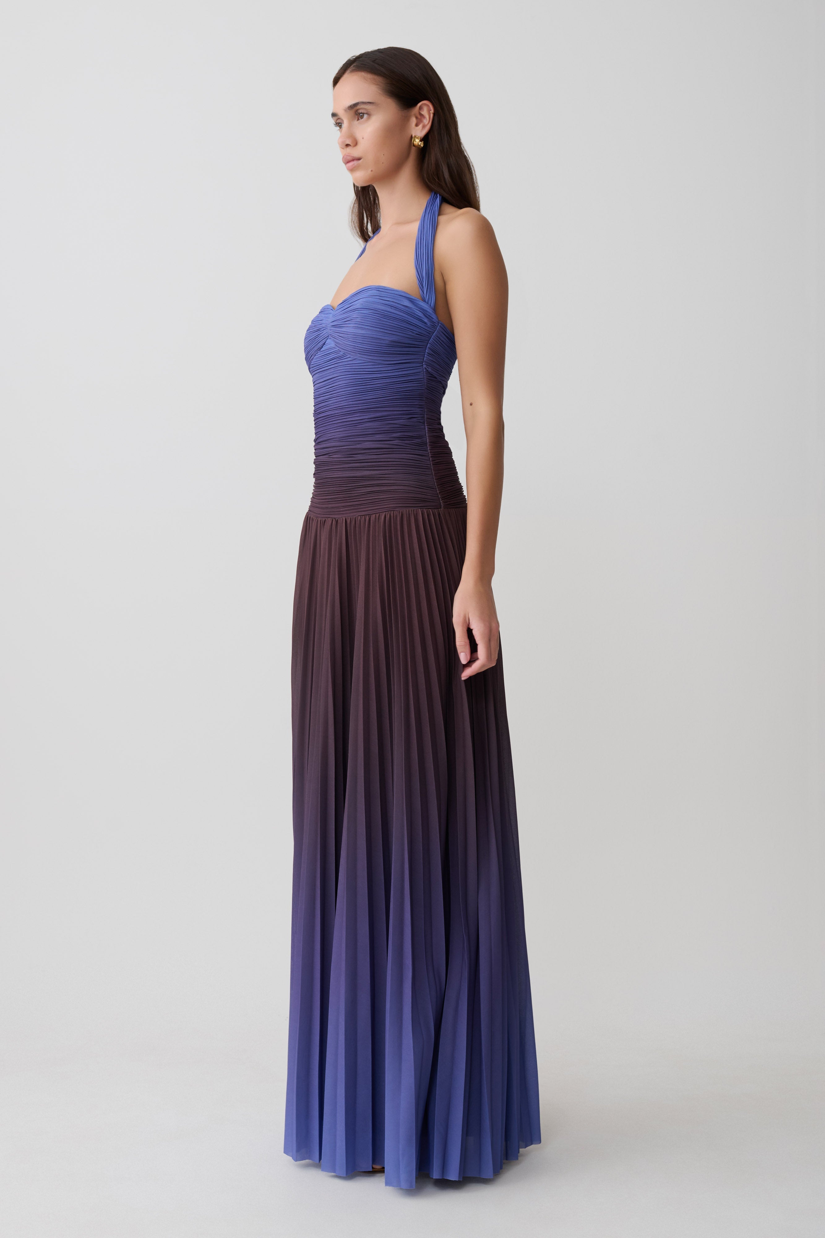 Azizi Pleated Halter Midi Dress - Chocolate & Blue Ombre Print