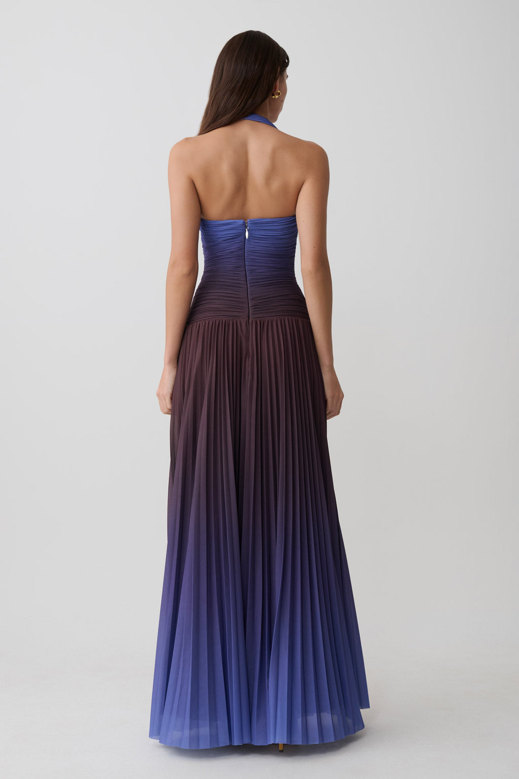 Azizi Pleated Halter Midi Dress - Chocolate & Blue Ombre Print