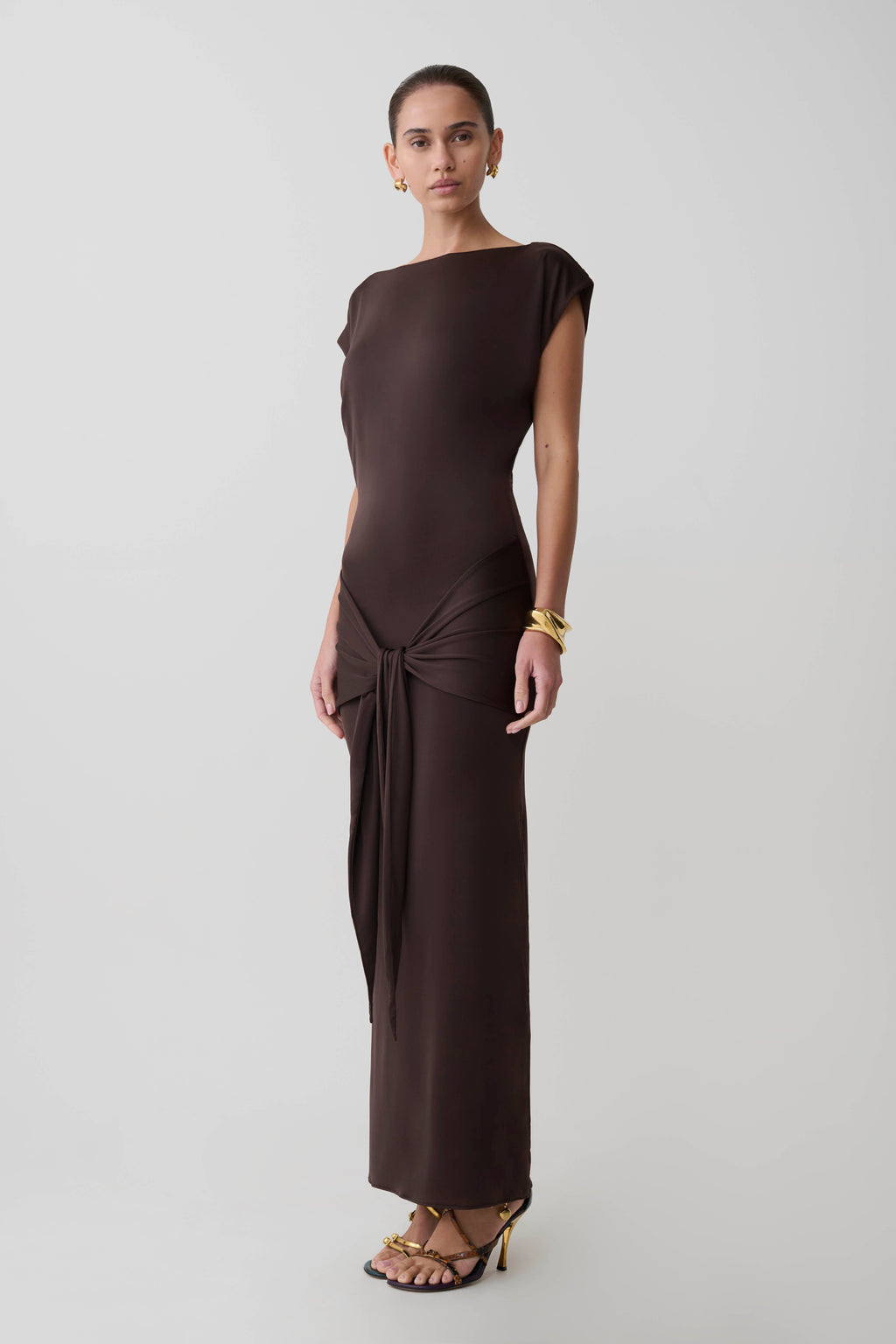 Maiara Shortsleeve Slinky Tie Maxi Dress - Chocolate