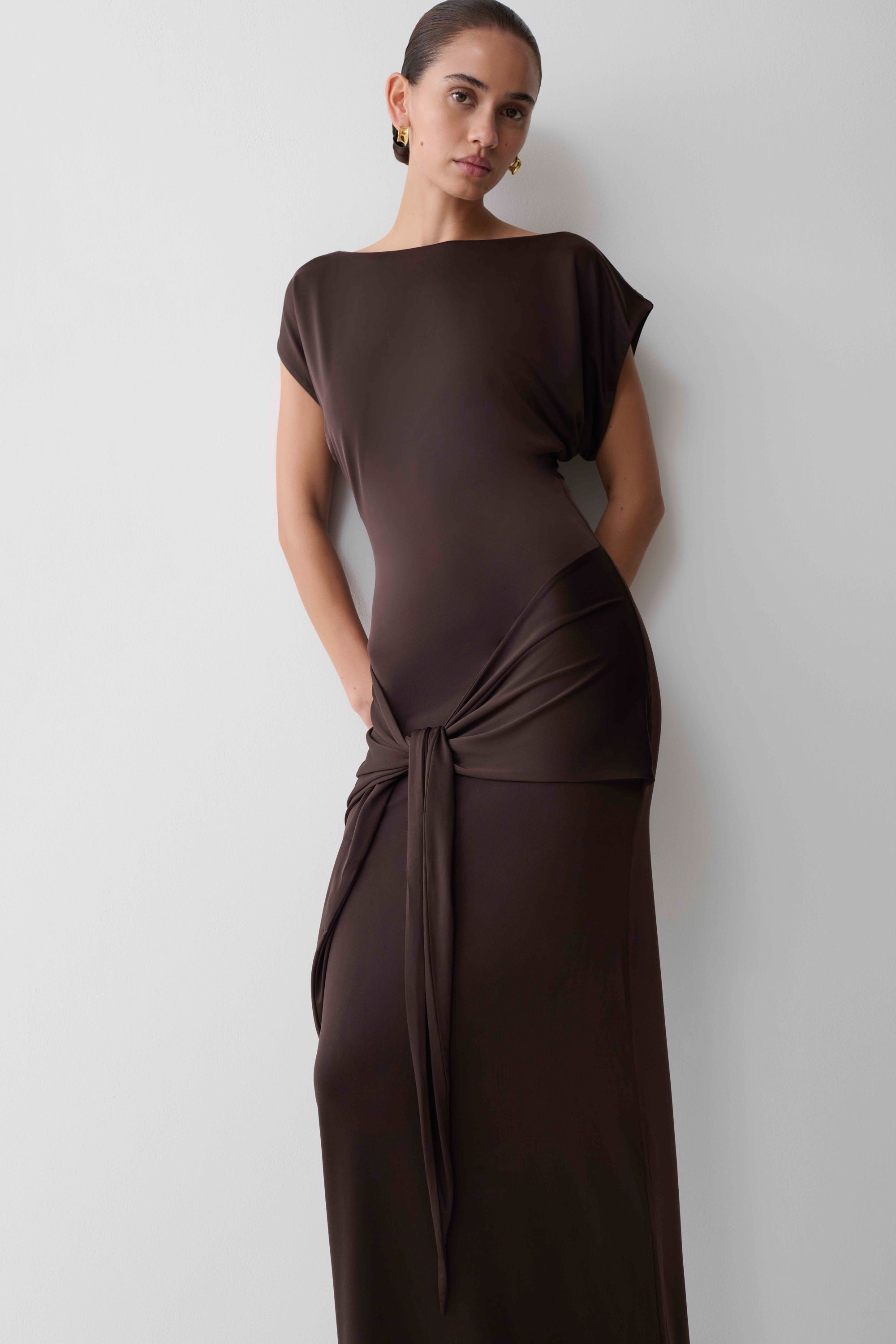 Maiara Shortsleeve Slinky Tie Maxi Dress - Chocolate