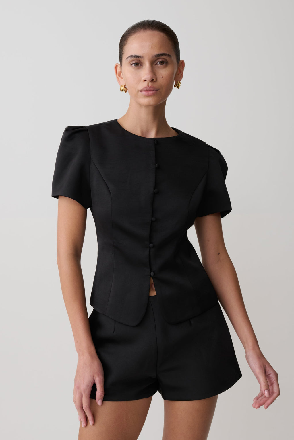Anne Short Sleeve Satin Top - Black