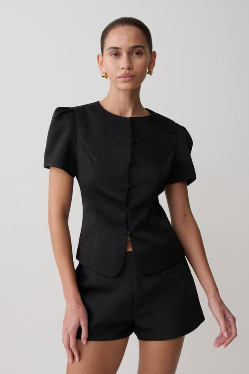Anne Short Sleeve Satin Top - Black