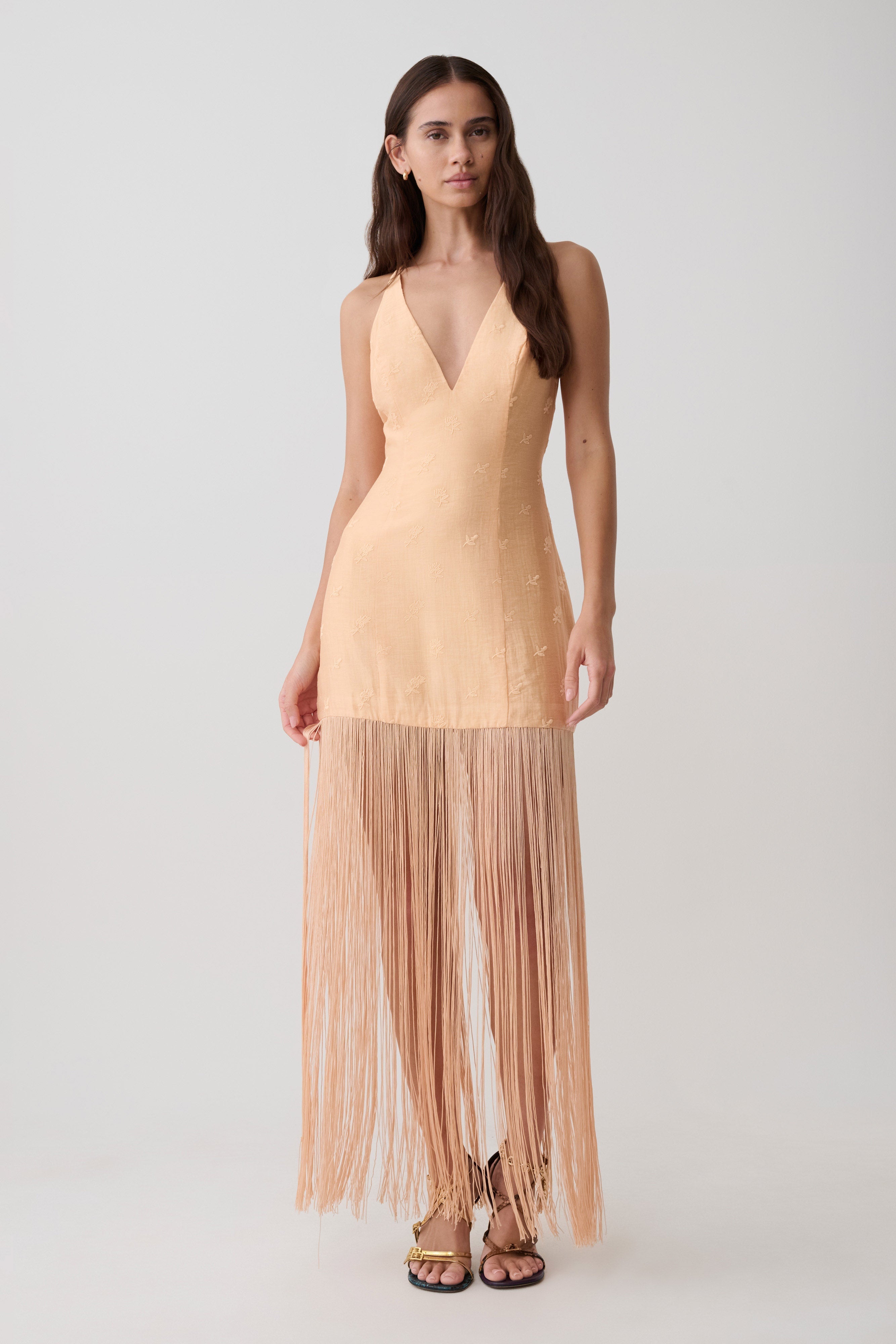 Abigail V Neck Fringe Maxi Dress - Orange