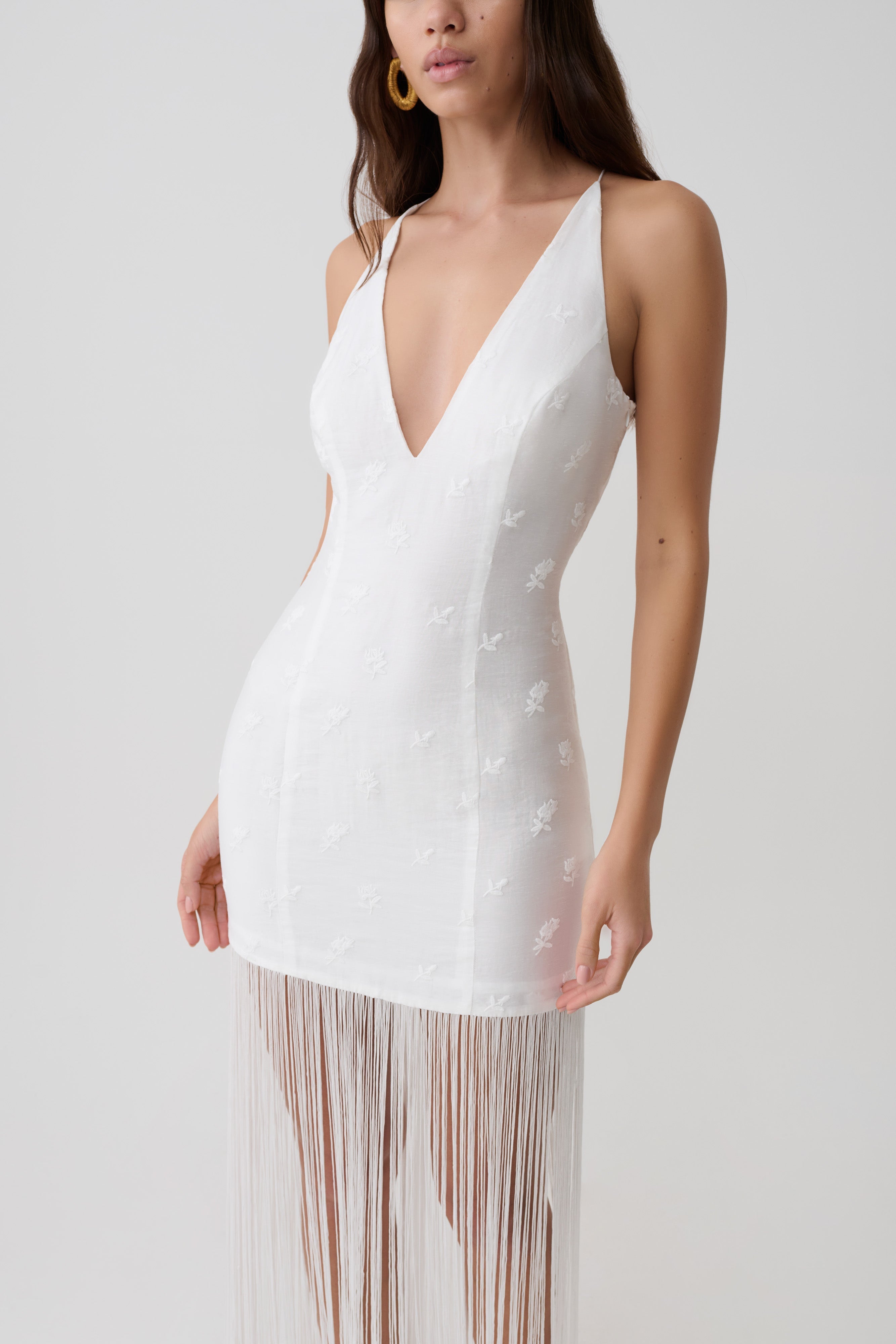 Abigail V Neck Fringe Maxi Dress - White
