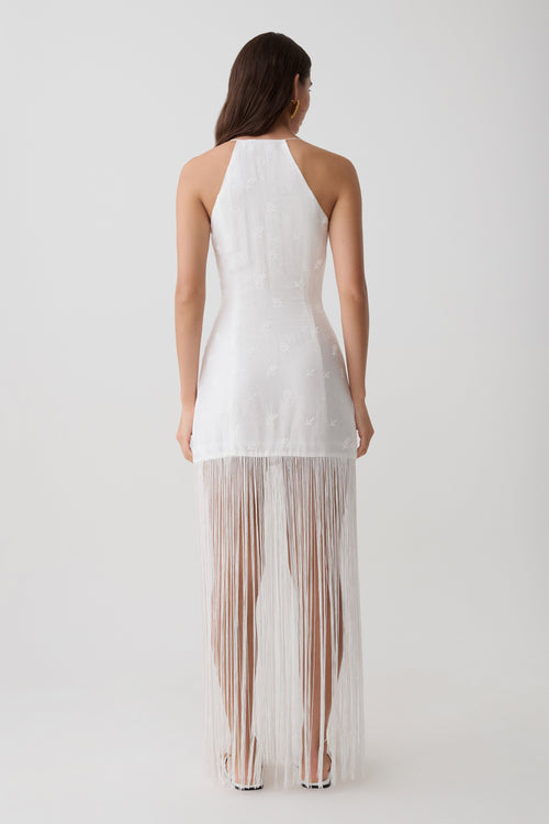 Abigail V Neck Fringe Maxi Dress - White