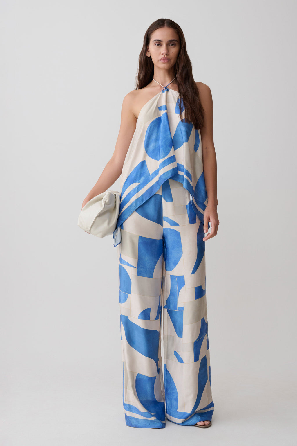 Rachel Satin Straight Leg Pants - Blue Geo Tile Print