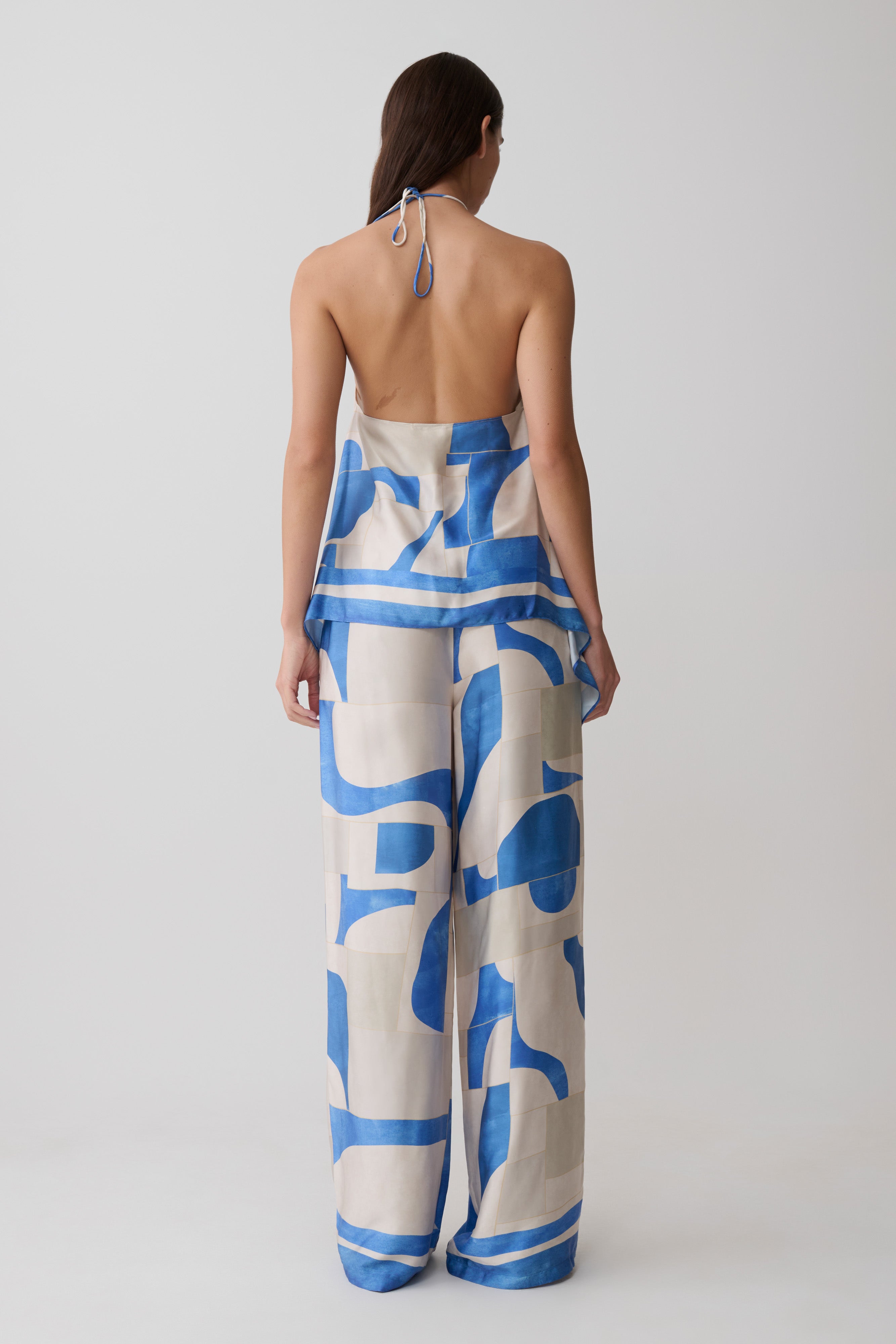 Rachel Satin Straight Leg Pants - Blue Geo Tile Print