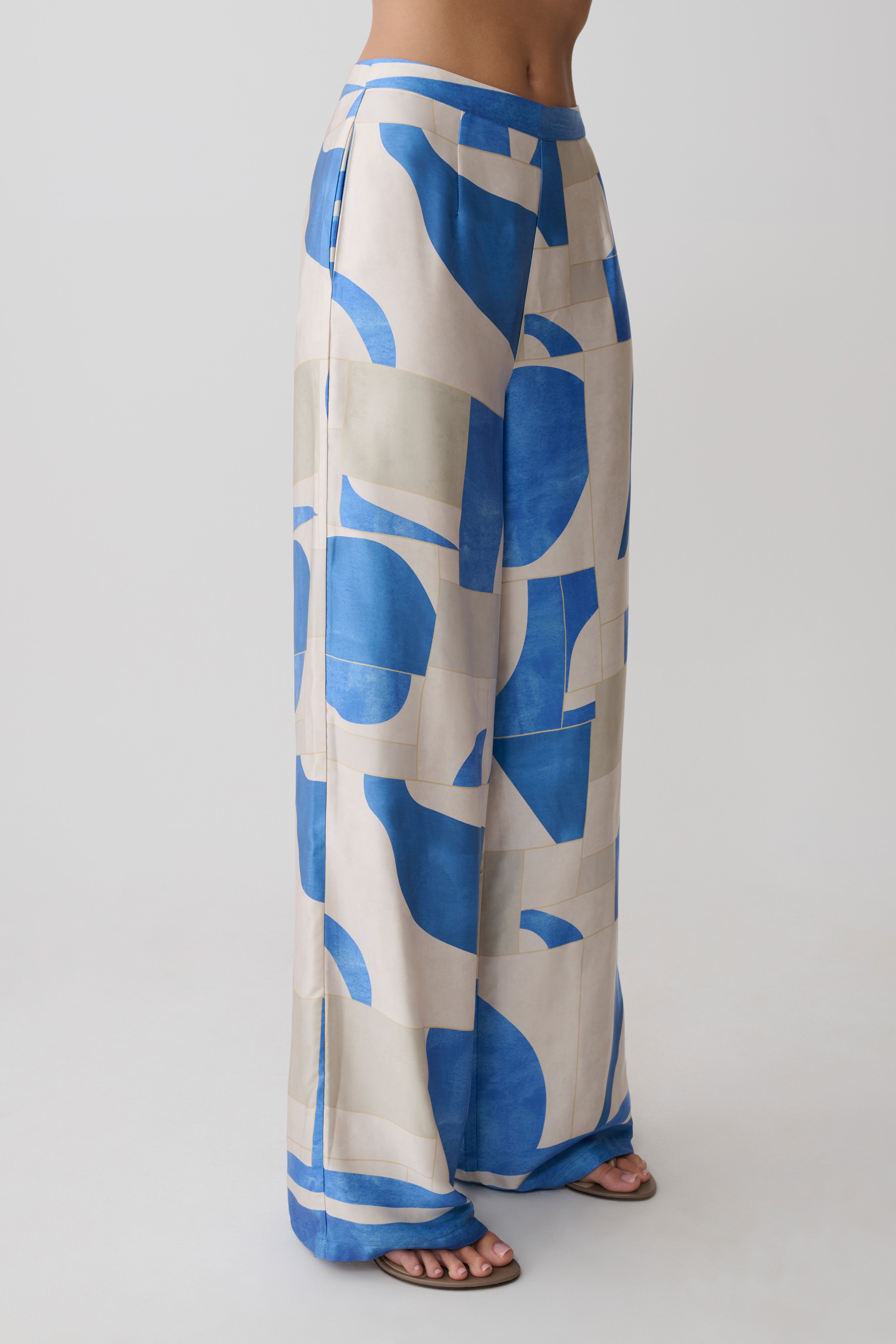 Rachel Satin Straight Leg Pants - Blue Geo Tile Print