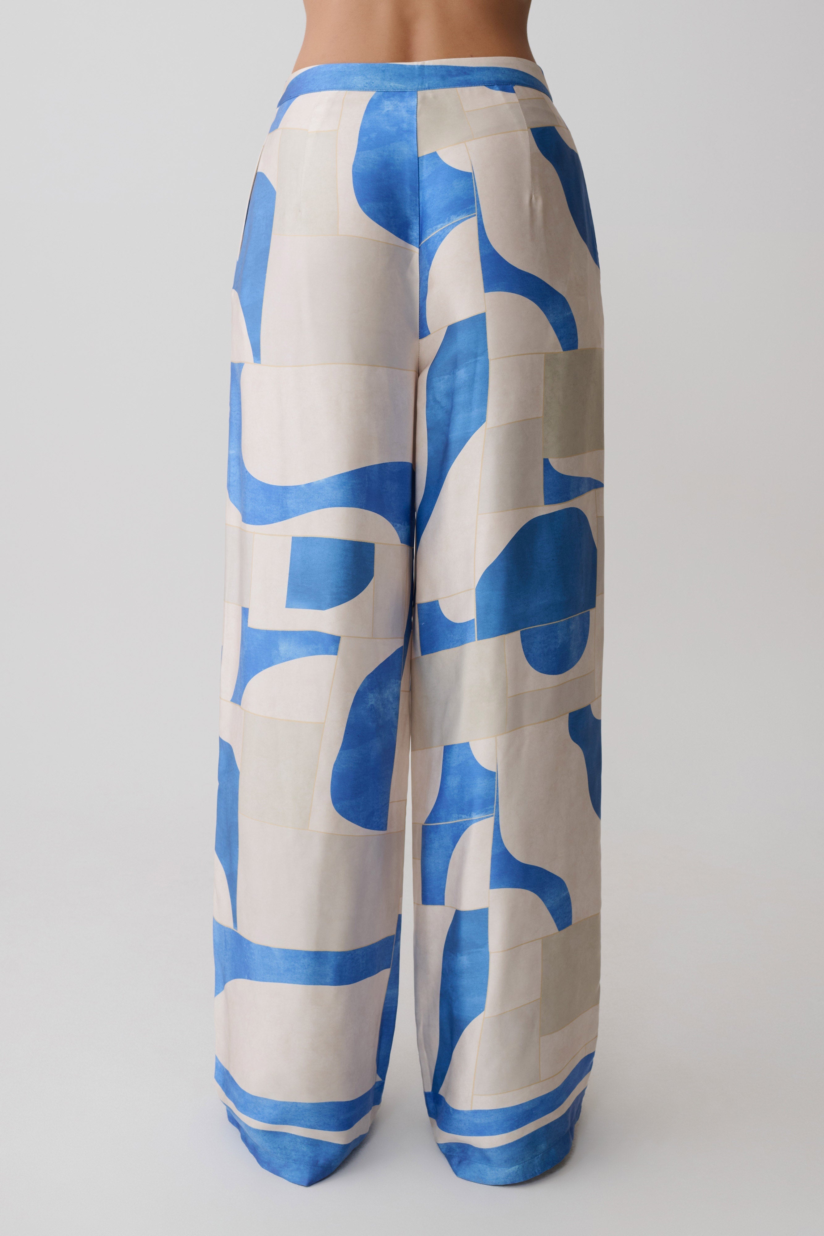 Rachel Satin Straight Leg Pants - Blue Geo Tile Print