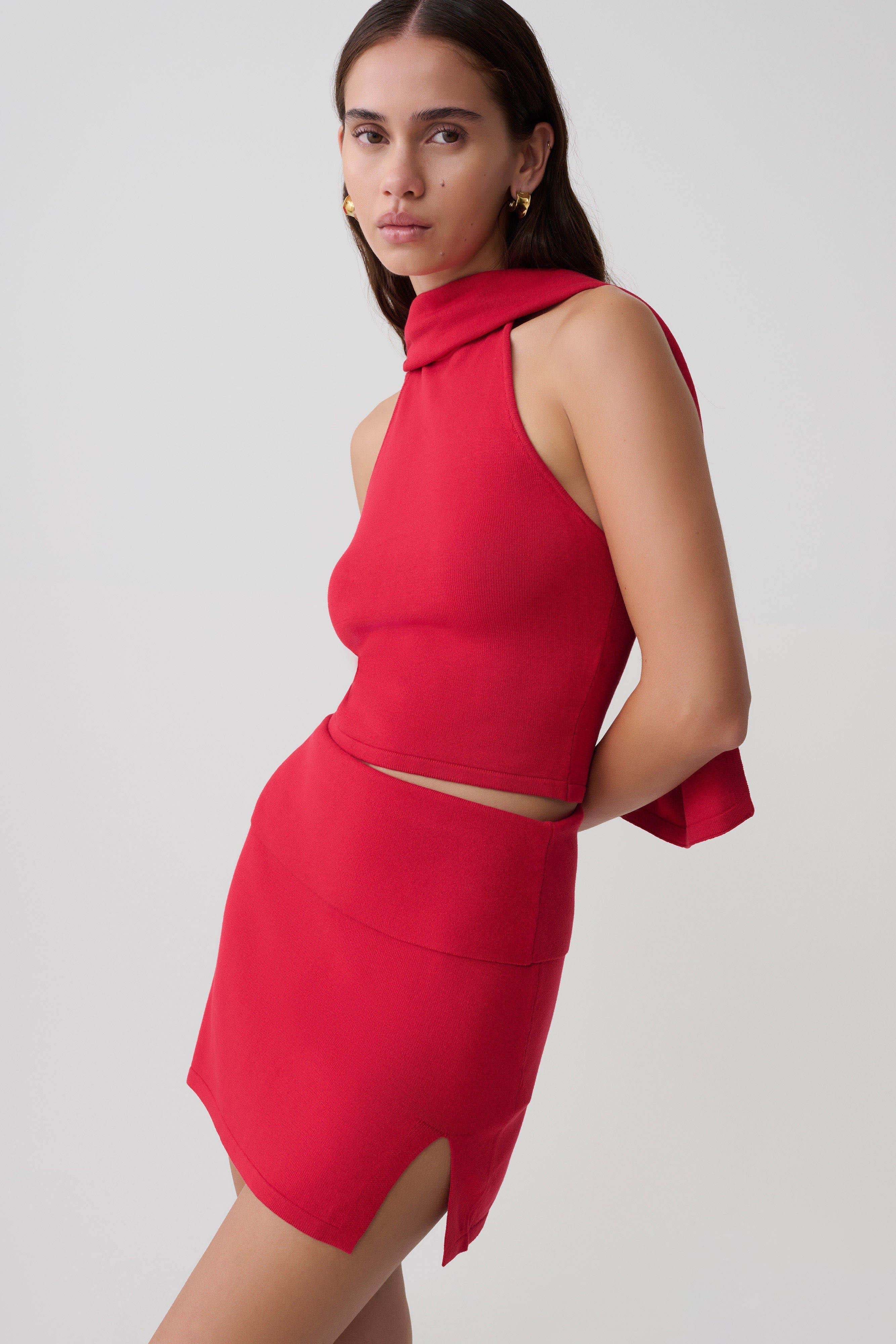 Misty Halter Backless Knit Top - Red