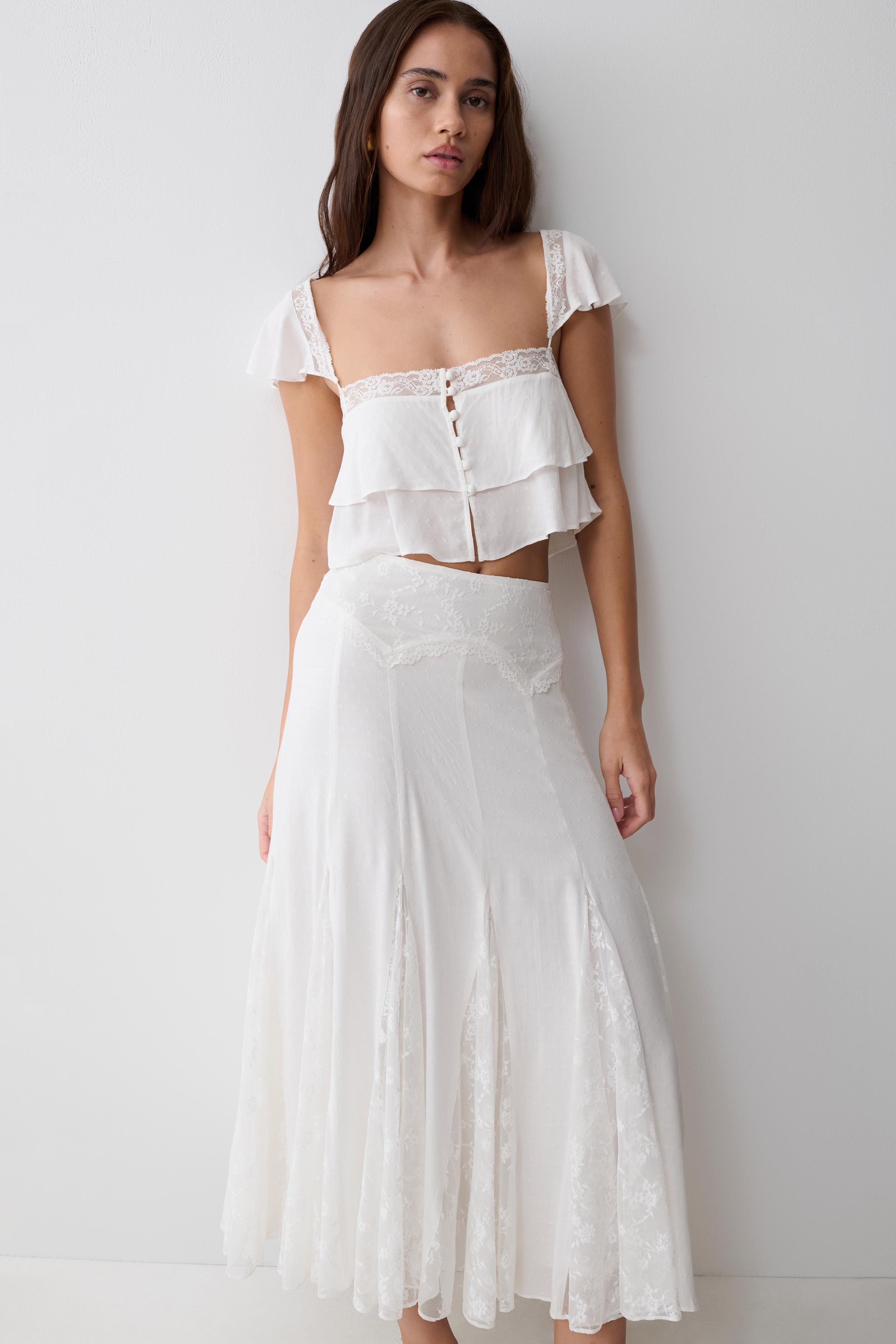 Skylar Lace Panelled Midi Skirt - White