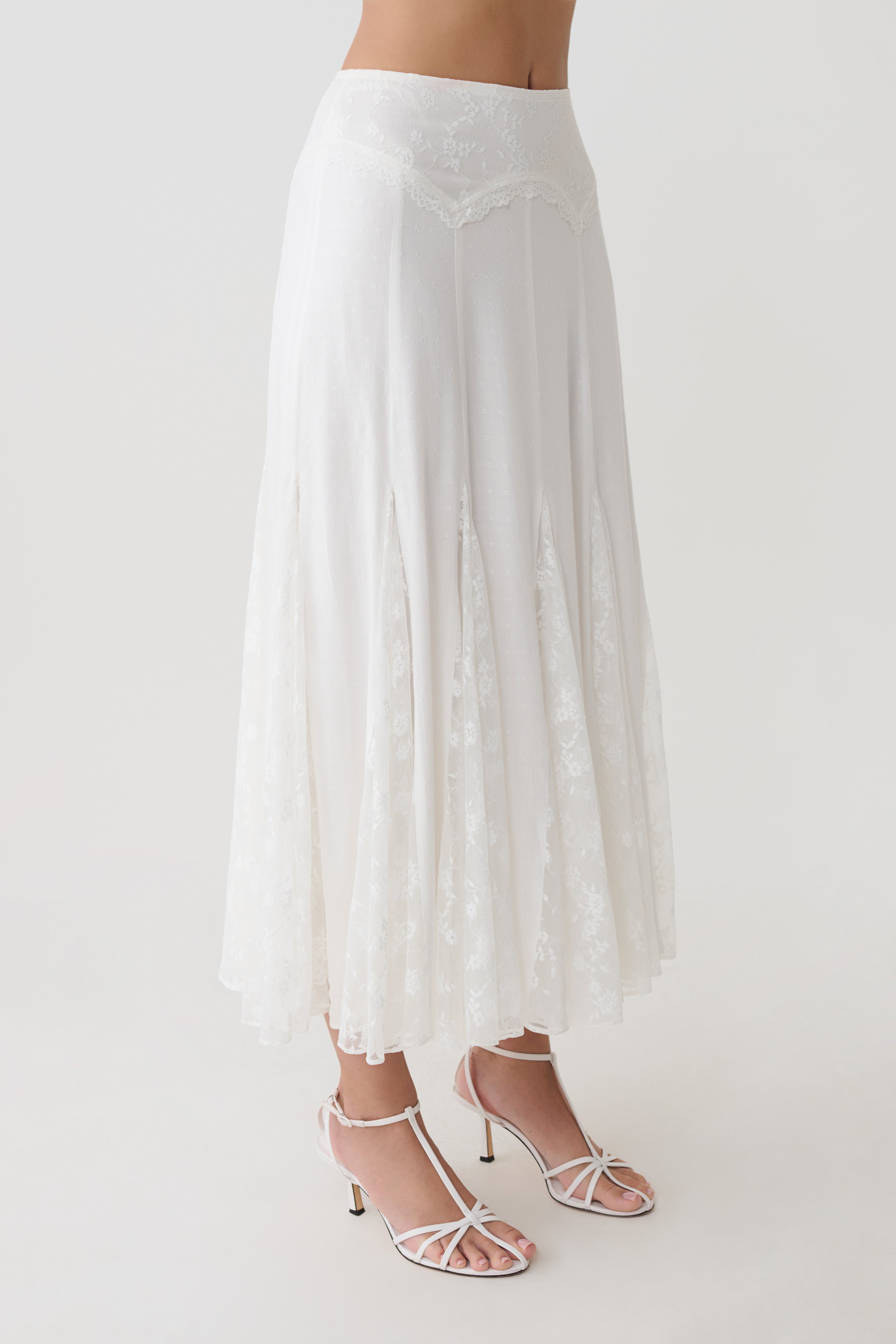 Skylar Lace Panelled Midi Skirt - White