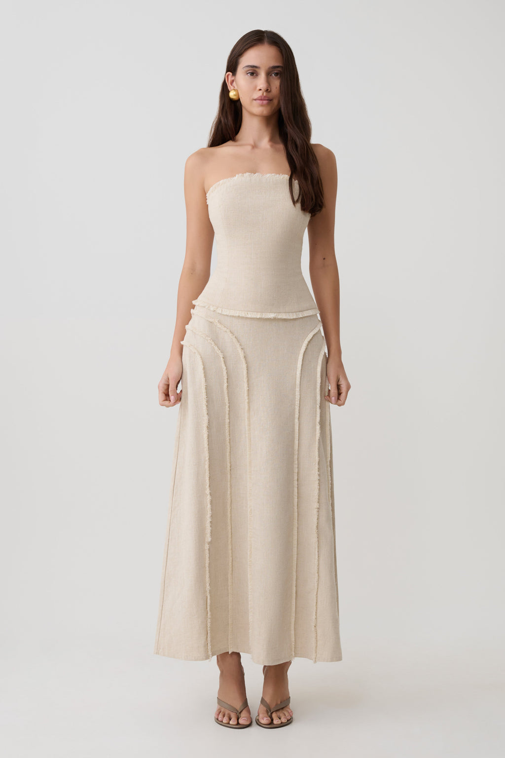 Annie Linen Frayed Midi Skirt - Natural