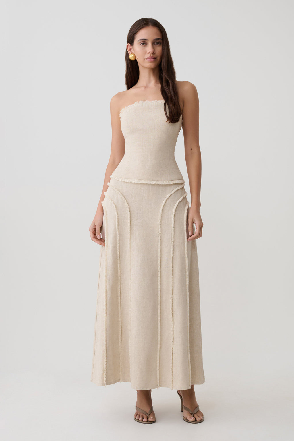 Annie Linen Frayed Midi Skirt - Natural