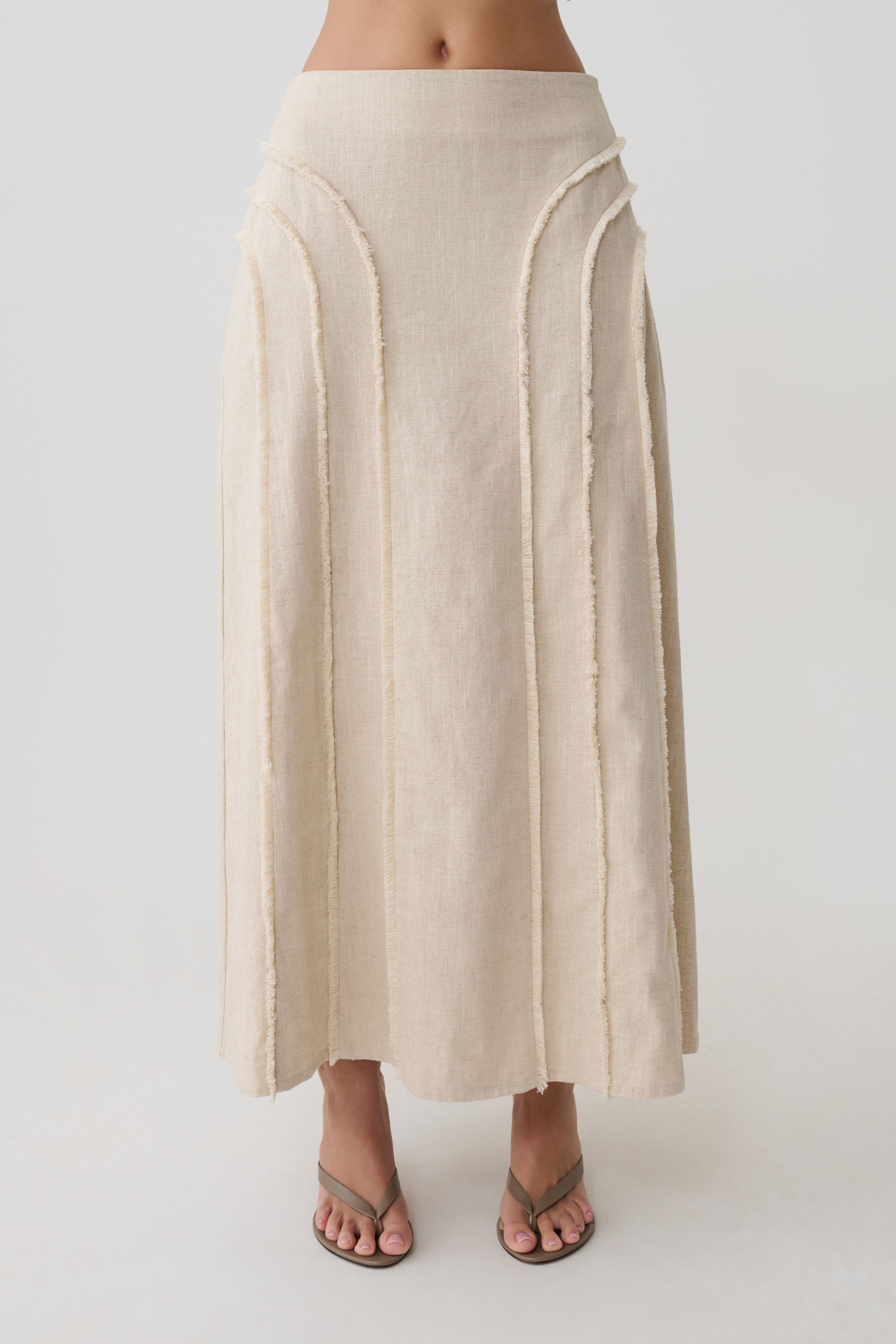 Annie Linen Frayed Midi Skirt - Natural