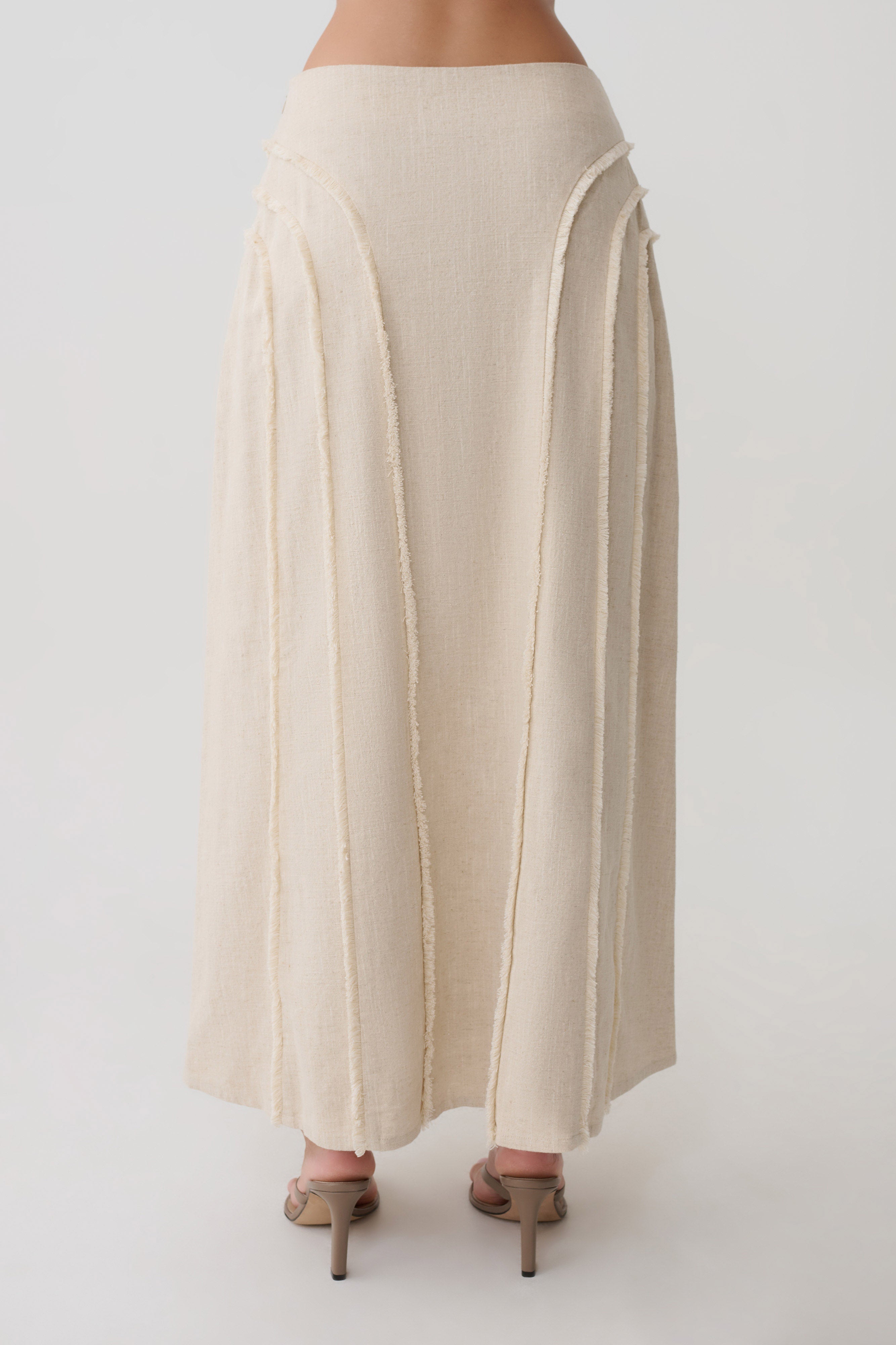 Annie Linen Frayed Midi Skirt - Natural