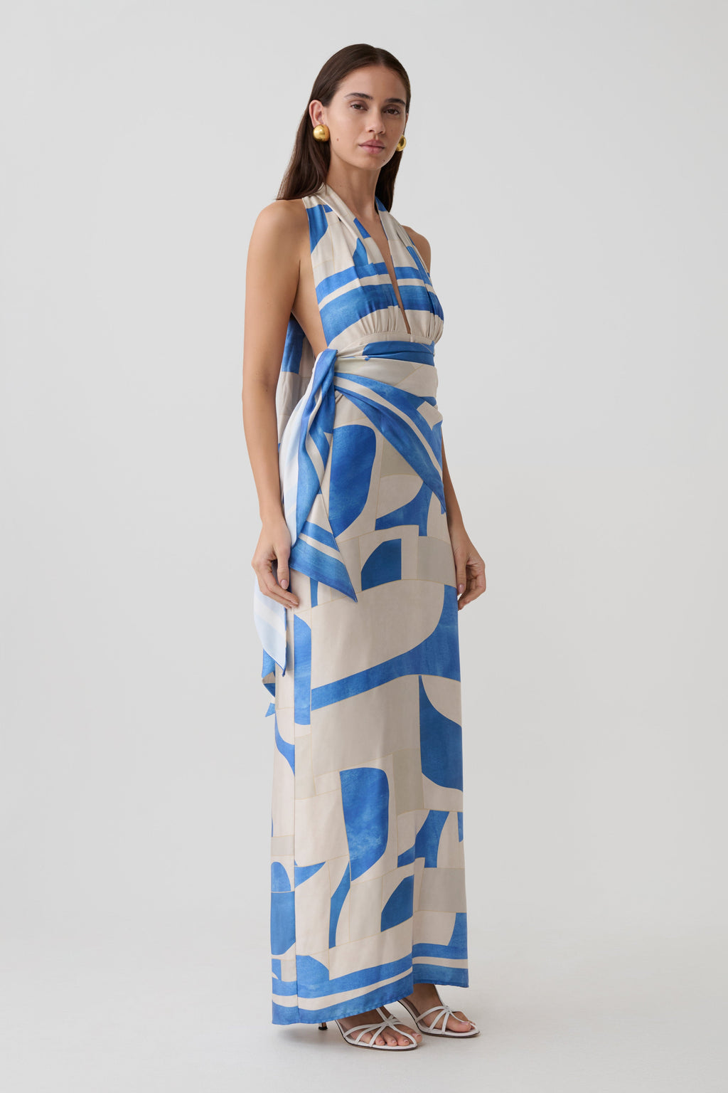 Gianna Satin Halter Maxi Dress - Blue Geo Tile Print