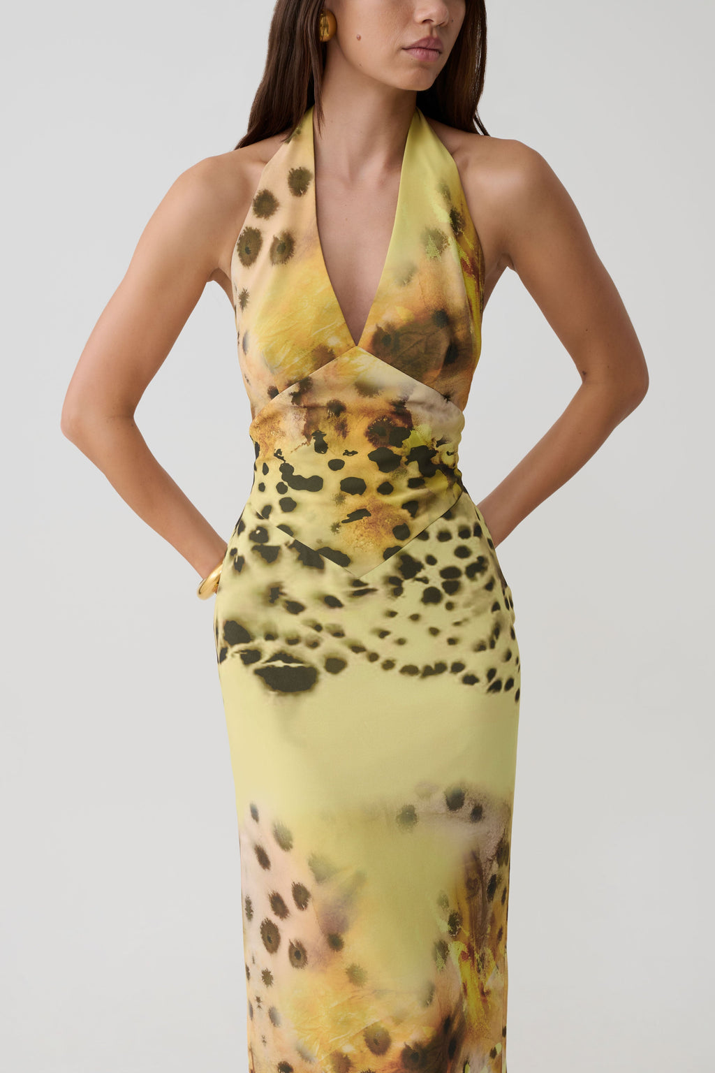 Valentina Chiffon Halter Maxi Dress - Yellow Floral Leopard Print