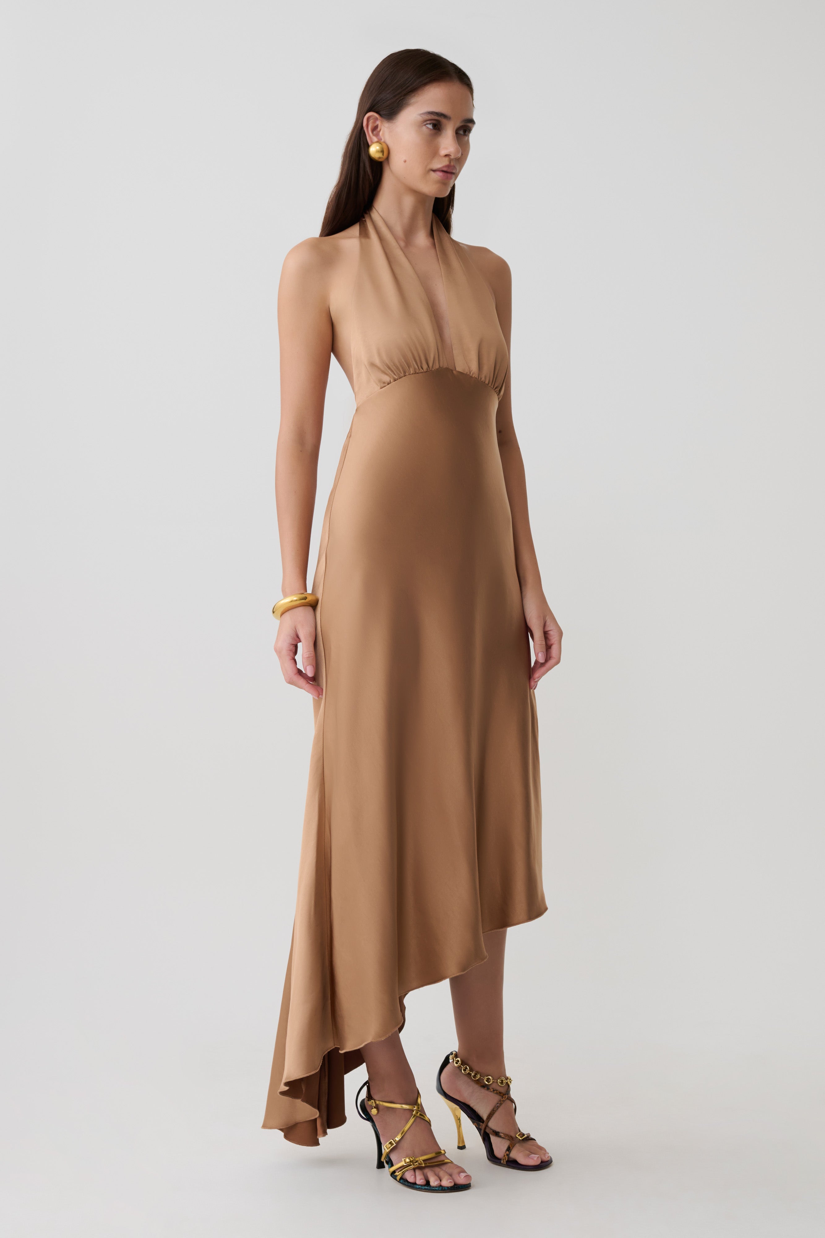 Adelie Asymmetric Hem Halter Midi Dress - Cognac