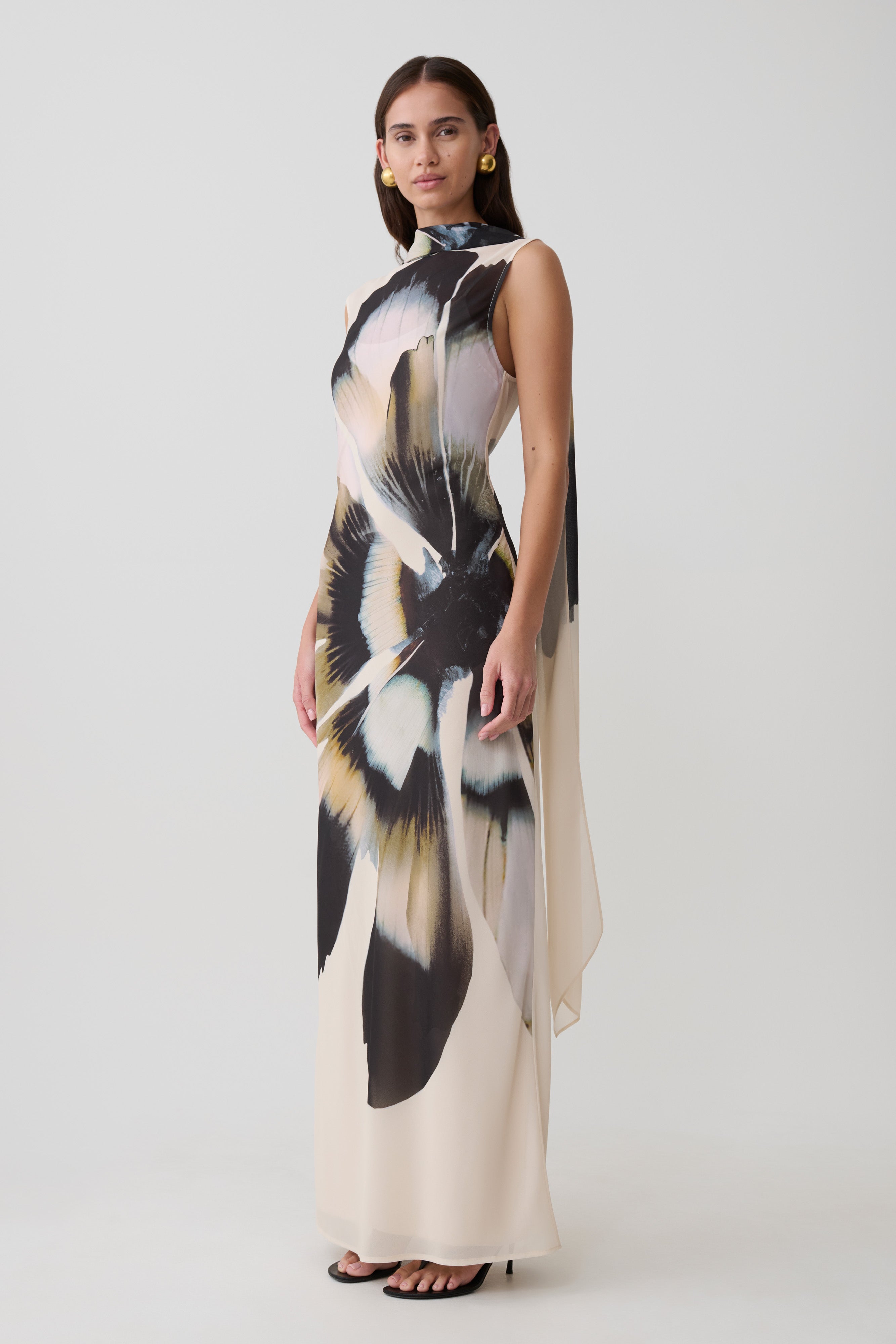 Dakota Chiffon Maxi Dress With Scarf - Ivory Oversized Floral Print
