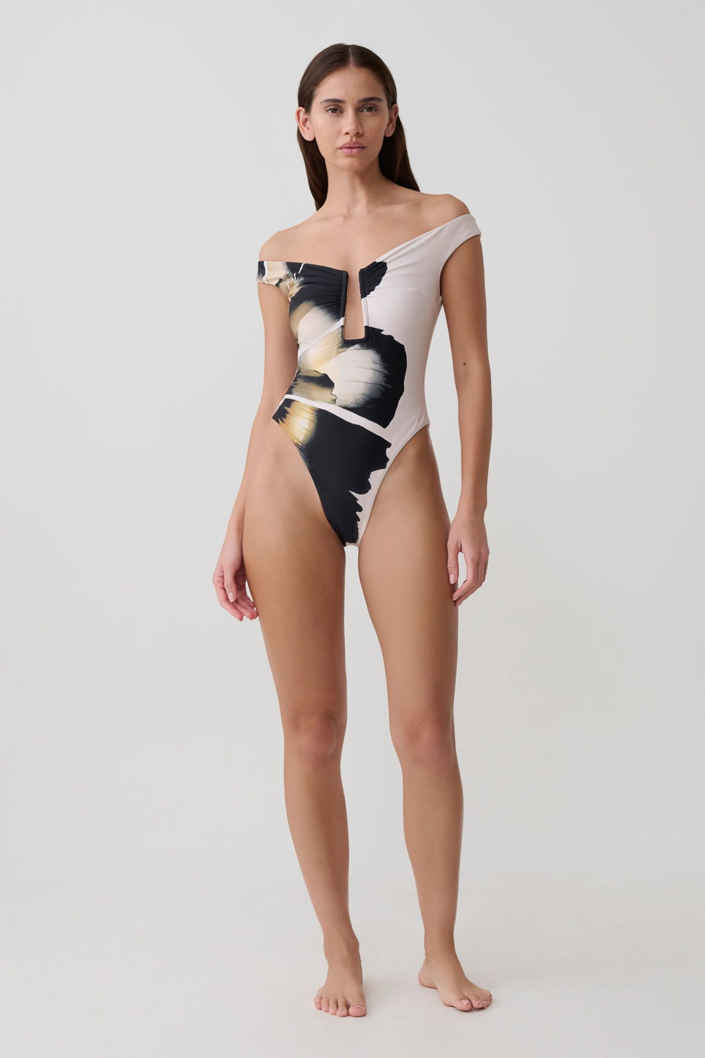 Yumi U-Wire Plunge One Piece Swimsuit - Ivory Base Floral Print