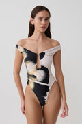 Yumi U-Wire Plunge One Piece Swimsuit - Ivory Base Floral Print
