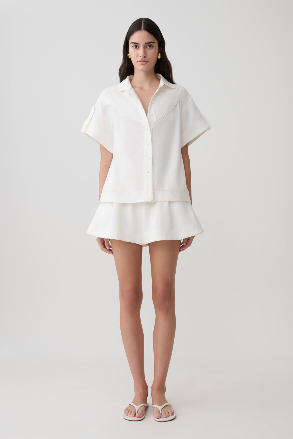 Selena Linen Short Sleeve Shirt - White