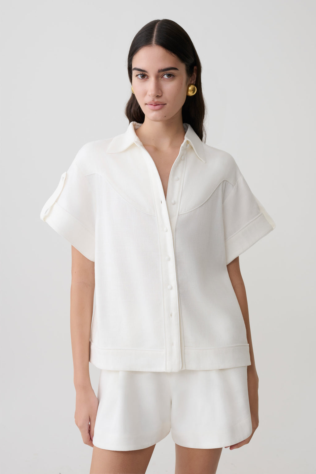 Selena Linen Short Sleeve Shirt - White